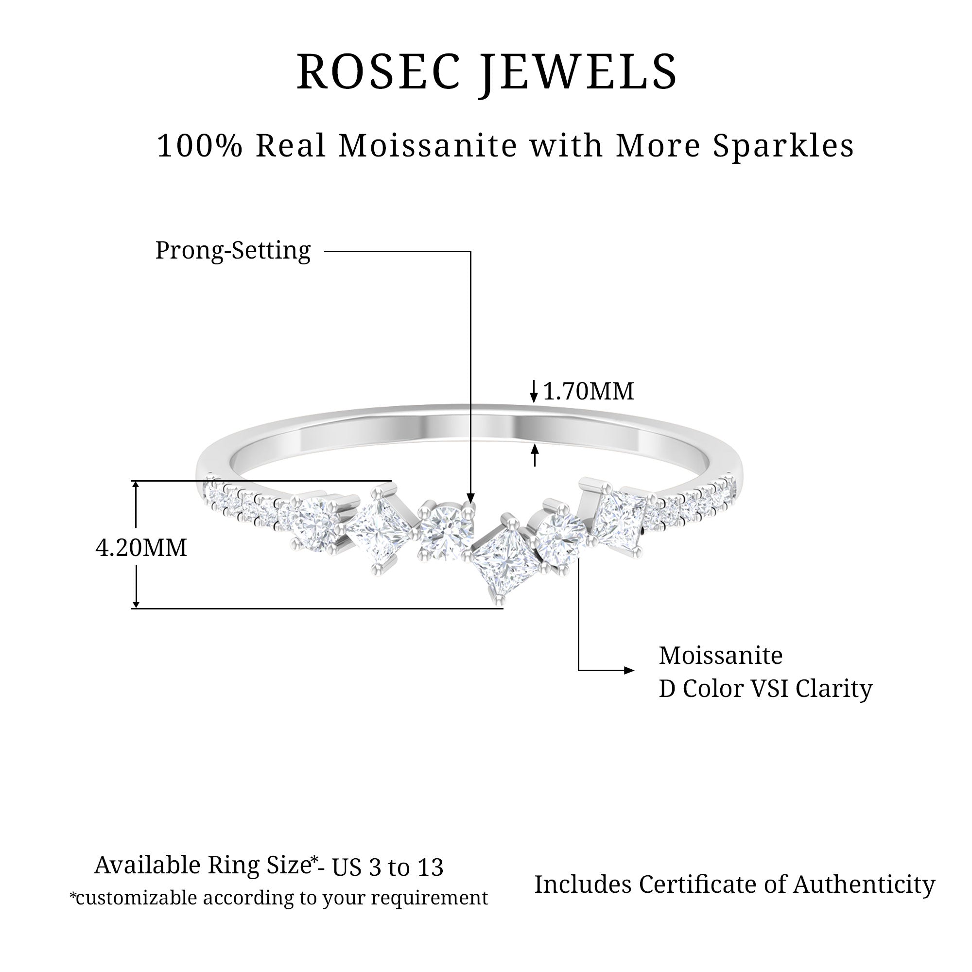 Certified Moissanite Thin Half Eternity Band Ring Moissanite - ( D-VS1 ) - Color and Clarity - Rosec Jewels