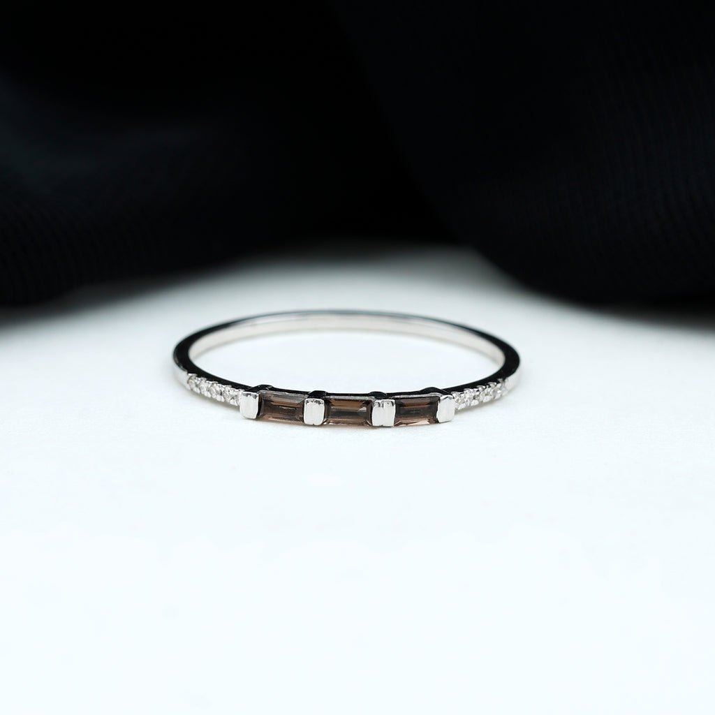 Baguette Shape Smoky Quartz Stackable Ring with Diamond Smoky Quartz - ( AAA ) - Quality - Rosec Jewels