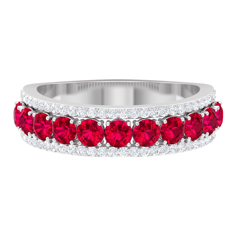 1.75 CT Created Ruby Anniversary Ring with Diamond Accent