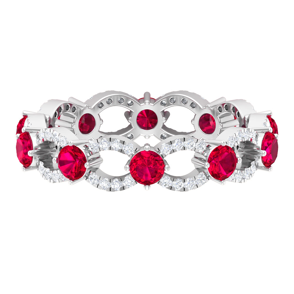Designer Wedding Band with Lab Created Ruby and Diamond Accent Lab Created Ruby - ( AAAA ) - Quality - Rosec Jewels
