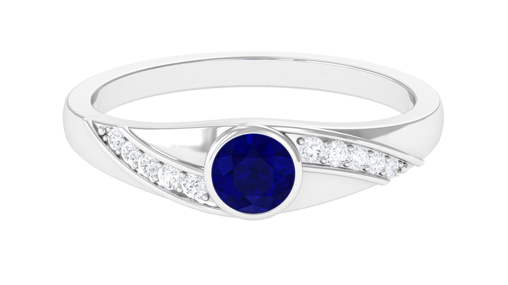 3/4 CT Bezel Set Blue Sapphire Classic Engagement Ring with Diamond Blue Sapphire - ( AAA ) - Quality - Rosec Jewels