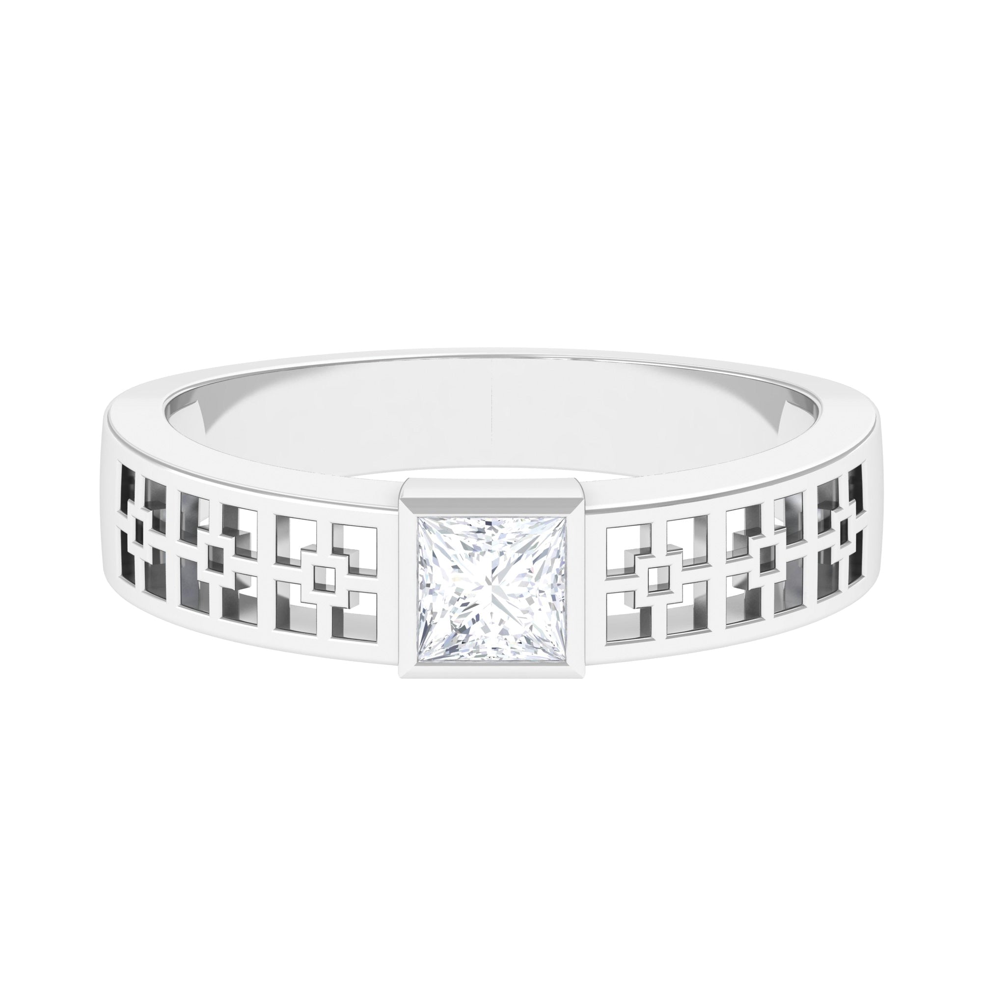 Princess Cut Moissanite Engagement Ring in Bezel Setting Moissanite - ( D-VS1 ) - Color and Clarity - Rosec Jewels