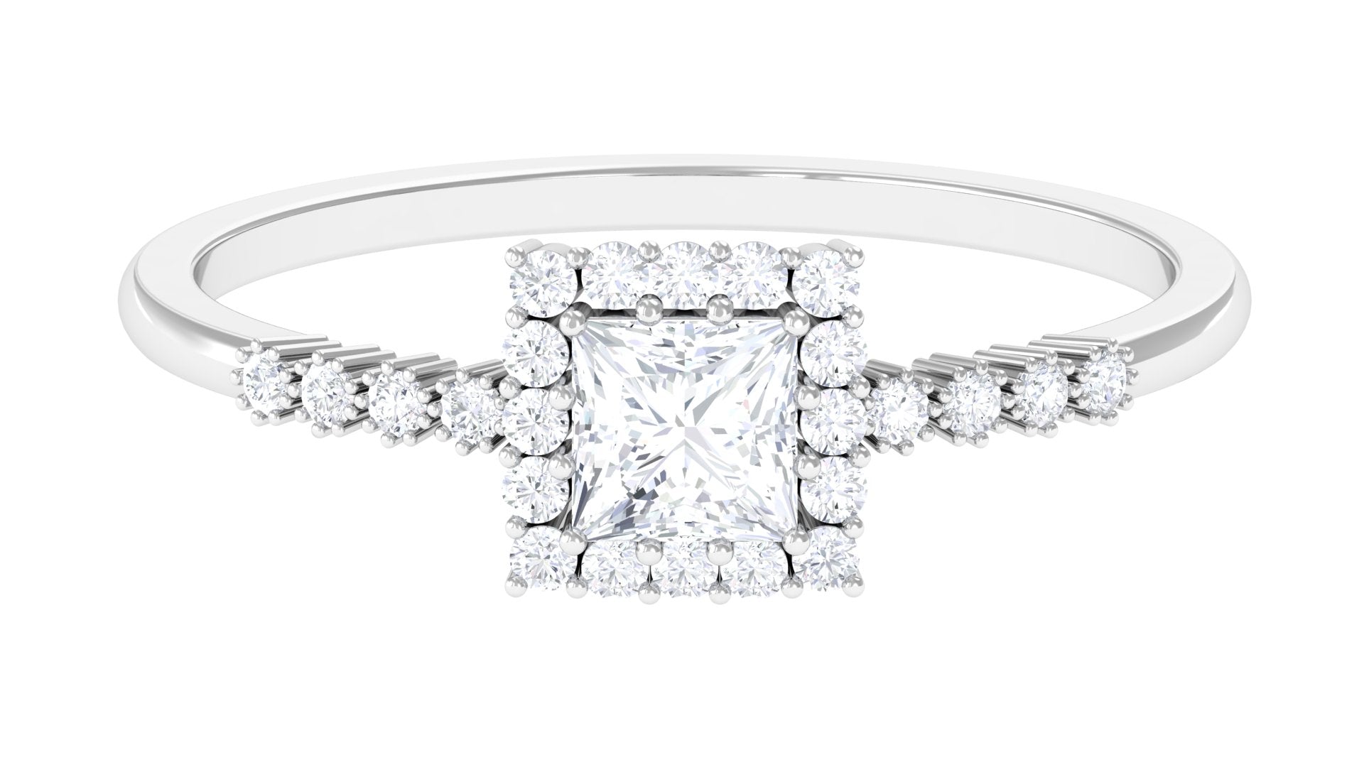 Princess Cut Moissanite Engagement Ring with Halo and Side Stones Moissanite - ( D-VS1 ) - Color and Clarity - Rosec Jewels