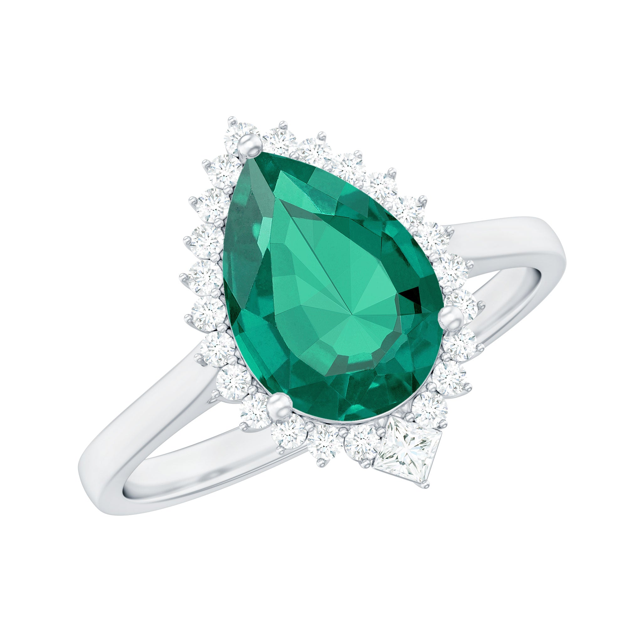 Pear Cut Created Emerald Halo Cocktail Ring with Diamond Lab Created Emerald - ( AAAA ) - Quality - Rosec Jewels