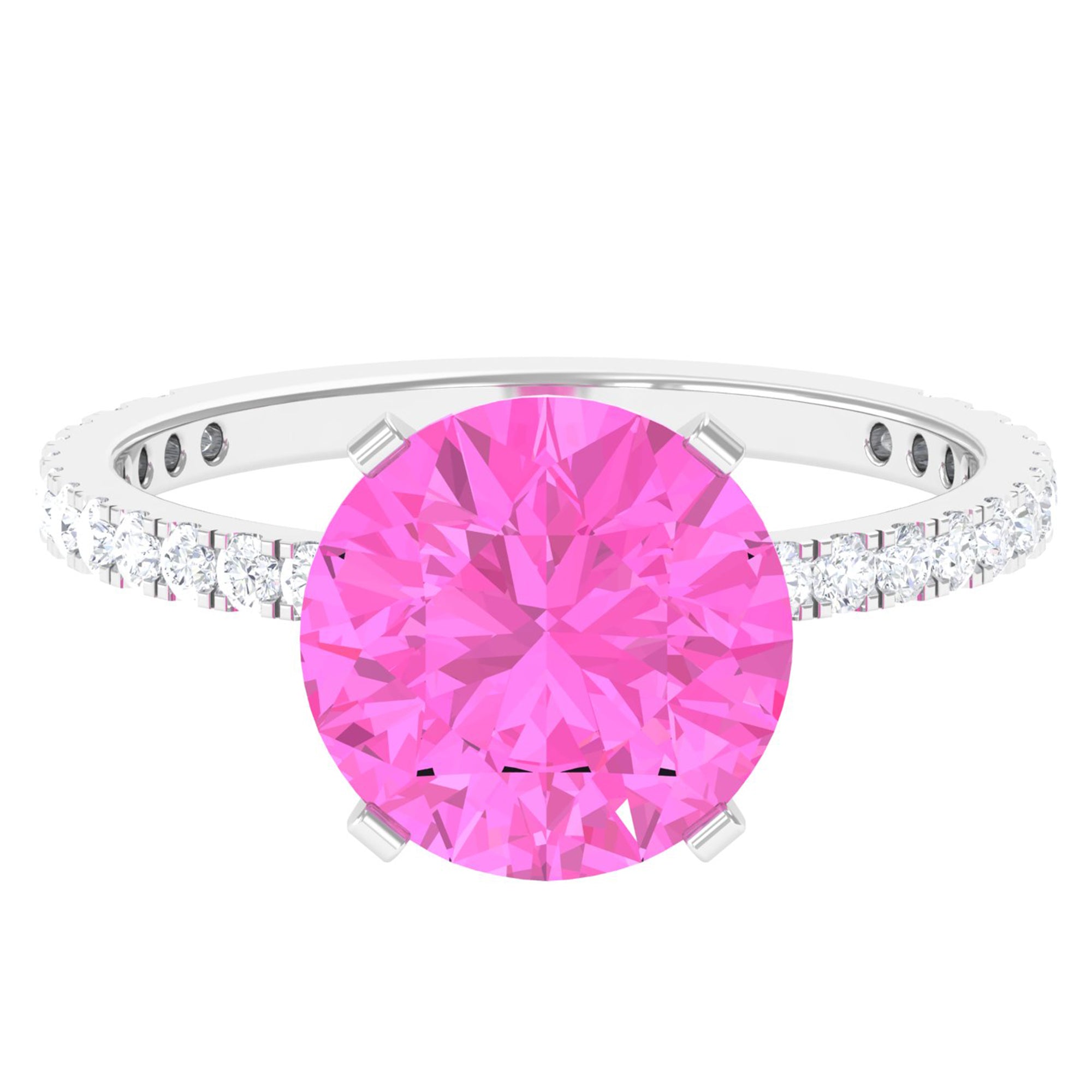 Round Created Pink Sapphire Solitaire Engagement Ring with Diamond Lab Created Pink Sapphire - ( AAAA ) - Quality - Rosec Jewels