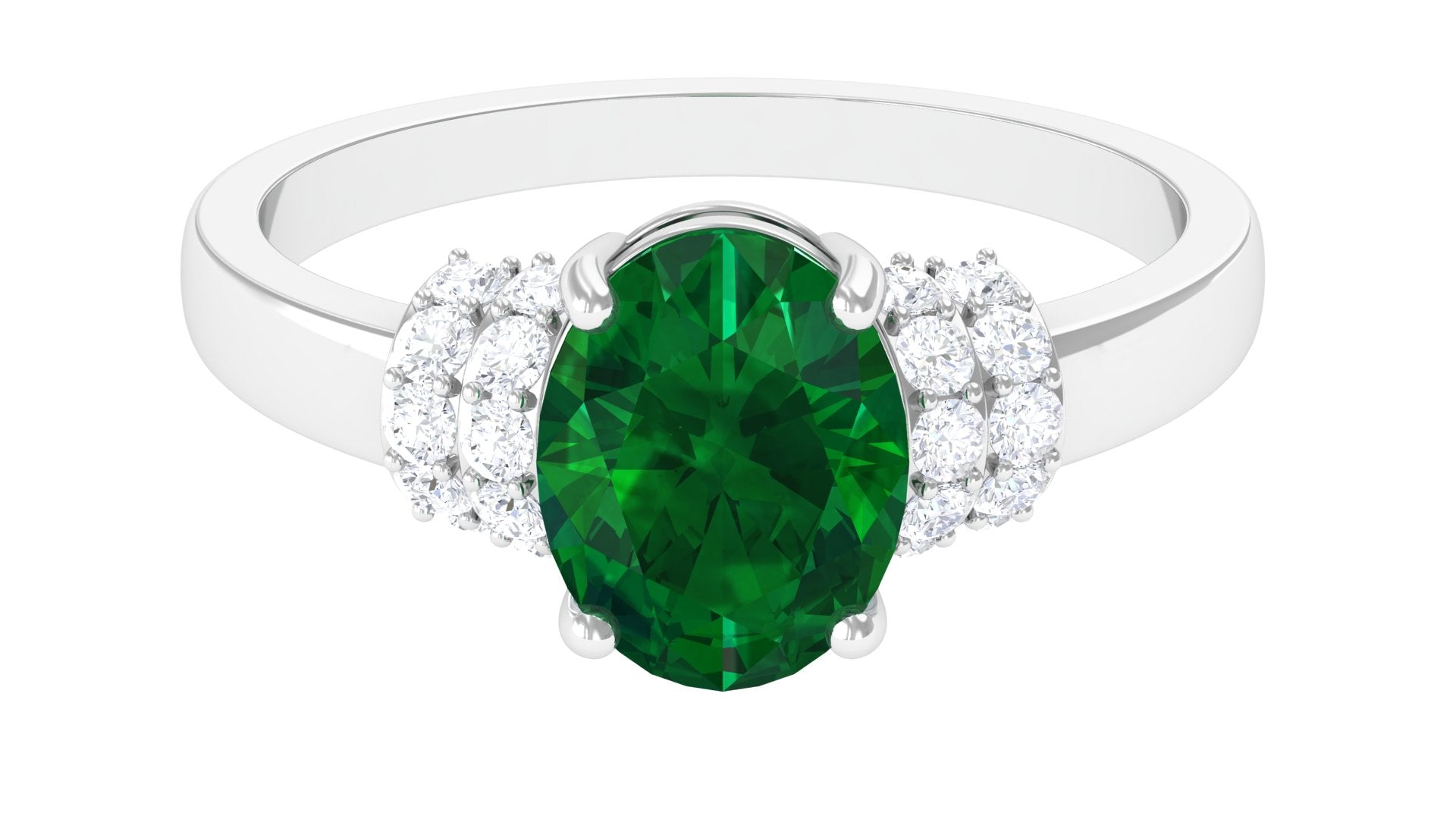 Oval Created Emerald Engagement Ring with Diamond Collar Lab Created Emerald - ( AAAA ) - Quality - Rosec Jewels