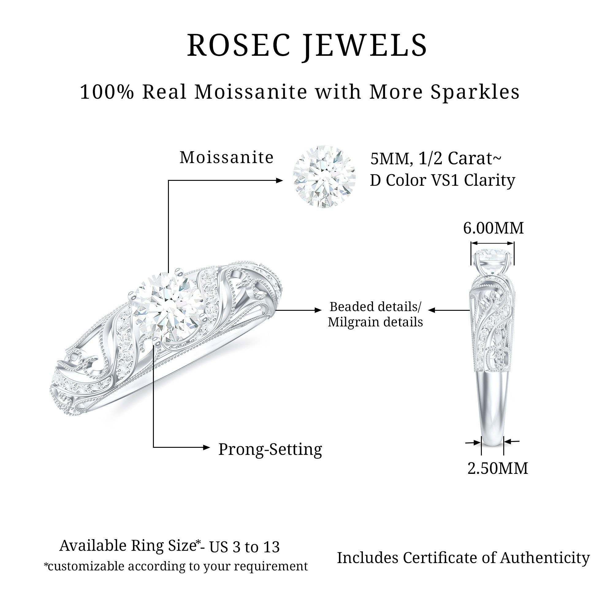 Certified Round Moissanite Vintage Inspired Engagement Ring Moissanite - ( D-VS1 ) - Color and Clarity - Rosec Jewels