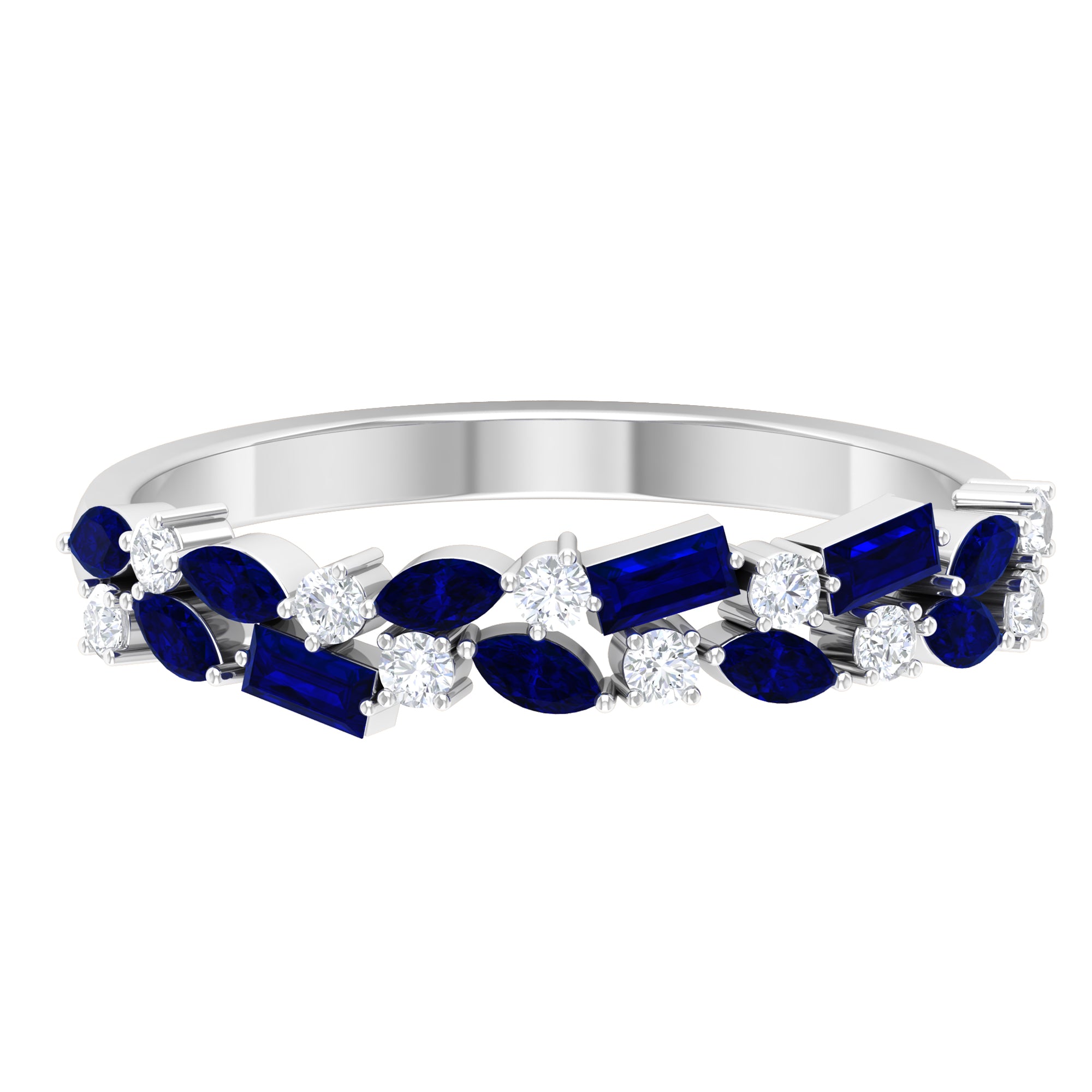 Lab Created Blue Sapphire and Diamond Cluster Half Eternity Ring Lab Created Blue Sapphire - ( AAAA ) - Quality - Rosec Jewels