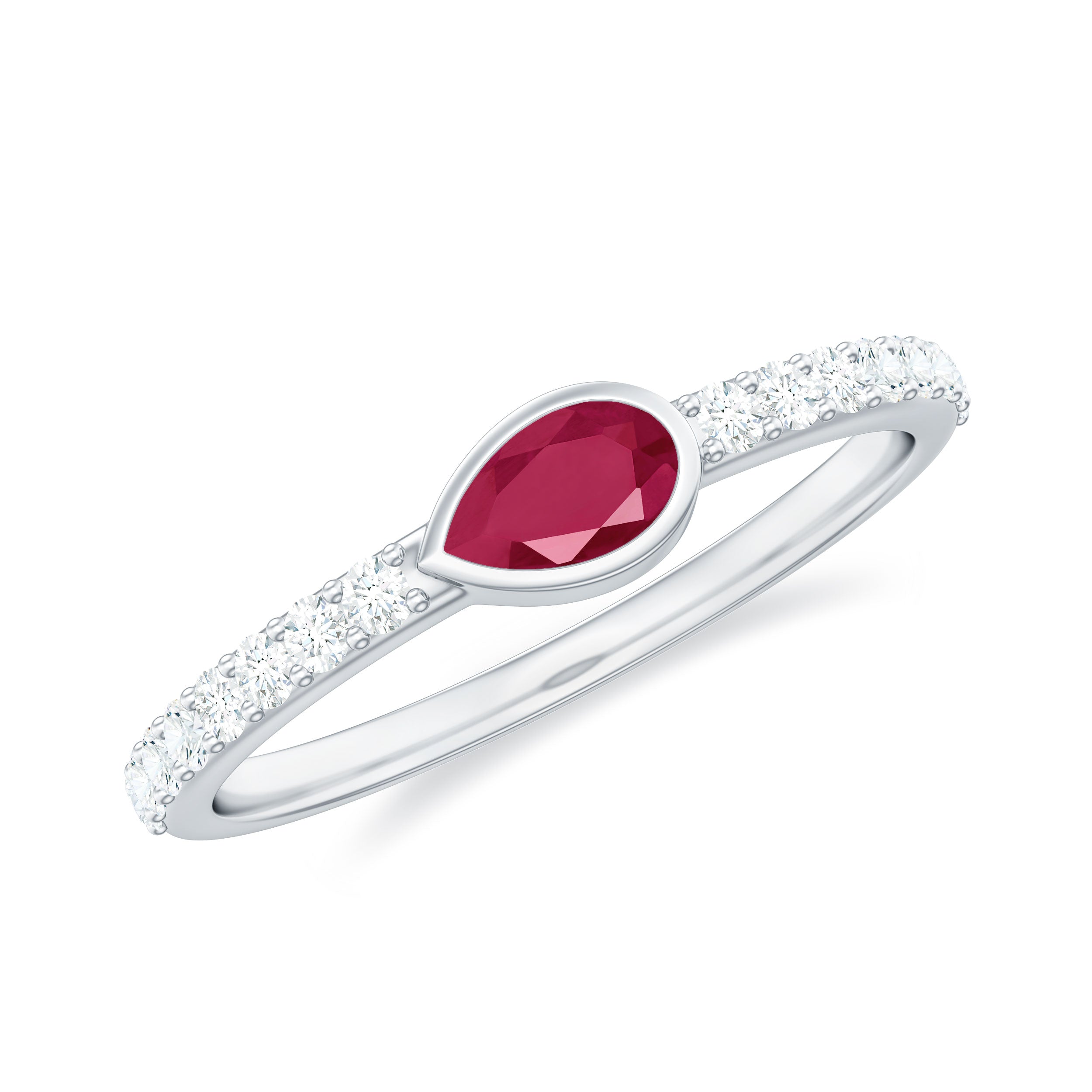 Pear Ruby East West Promise Ring with Diamond Ruby - ( AAA ) - Quality - Rosec Jewels