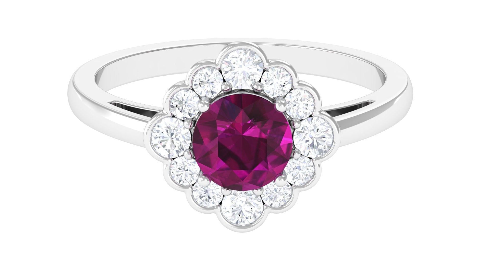 Natural Rhodolite Ring with Diamond Halo Rhodolite - ( AAA ) - Quality - Rosec Jewels