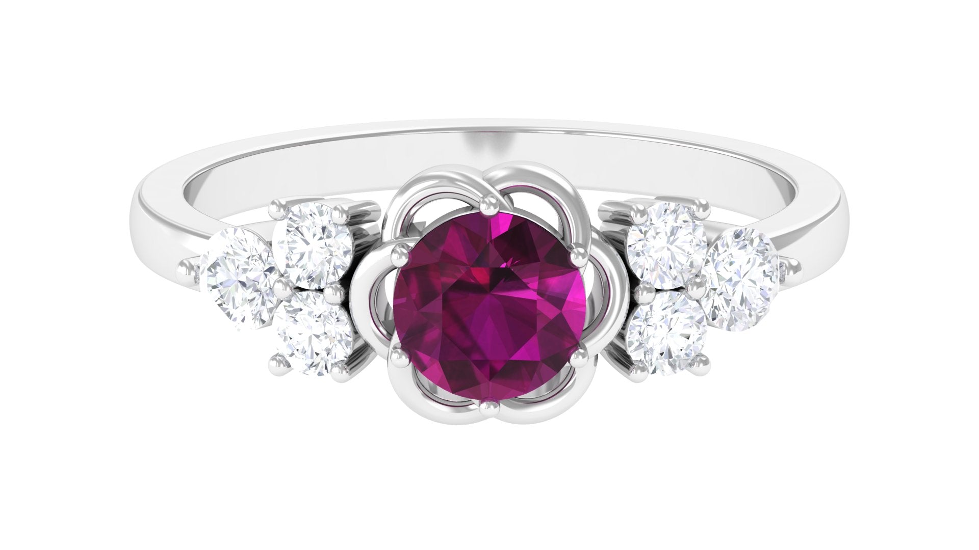 1.50 CT Natural Rhodolite Flower Ring with Diamond Trio Rhodolite - ( AAA ) - Quality - Rosec Jewels