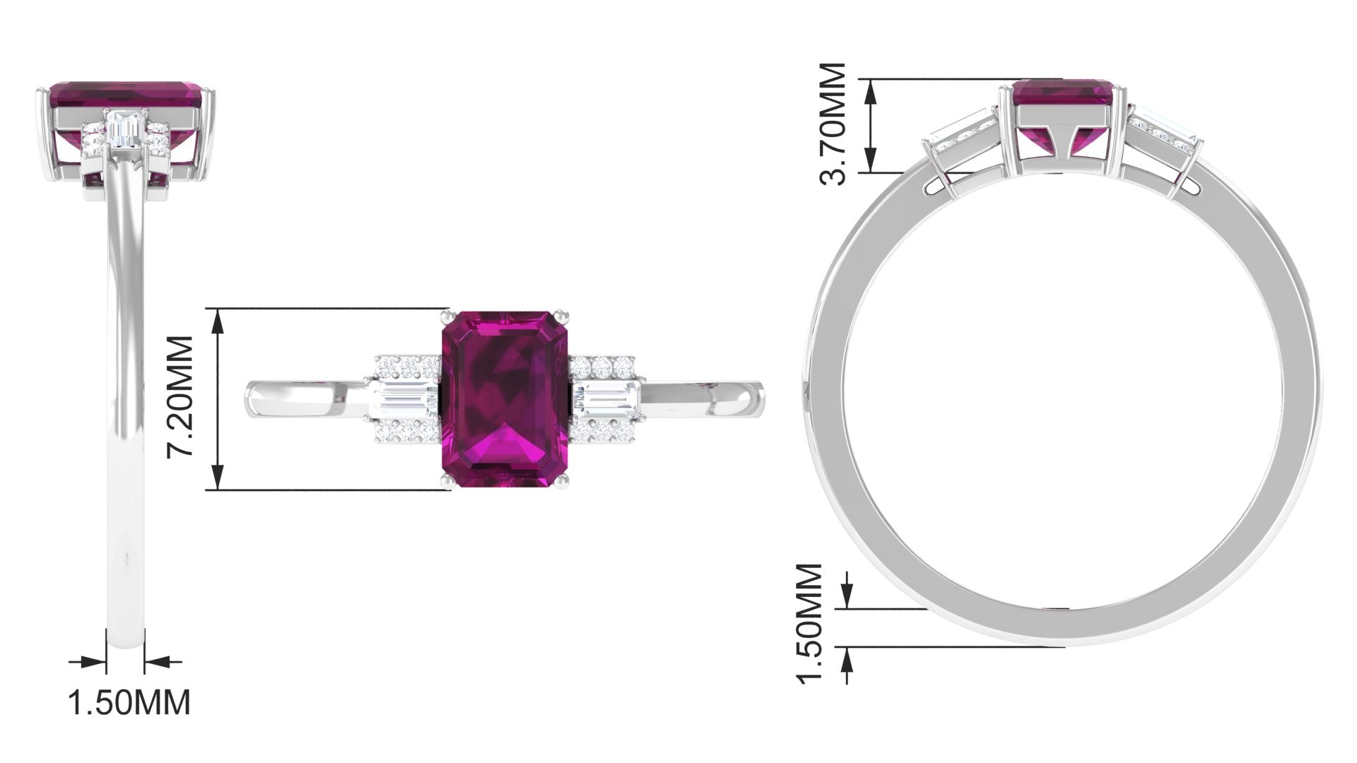1.50 CT Emerald Cut Rhodolite Solitaire Ring with Diamond Rhodolite - ( AAA ) - Quality - Rosec Jewels