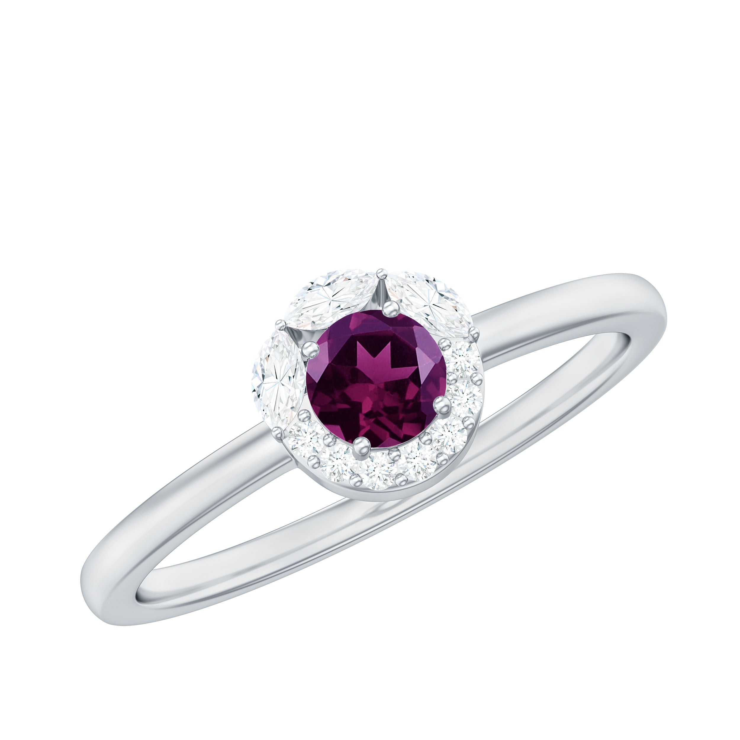 Rhodolite Minimal Promise Ring with Diamond Halo Rhodolite - ( AAA ) - Quality - Rosec Jewels