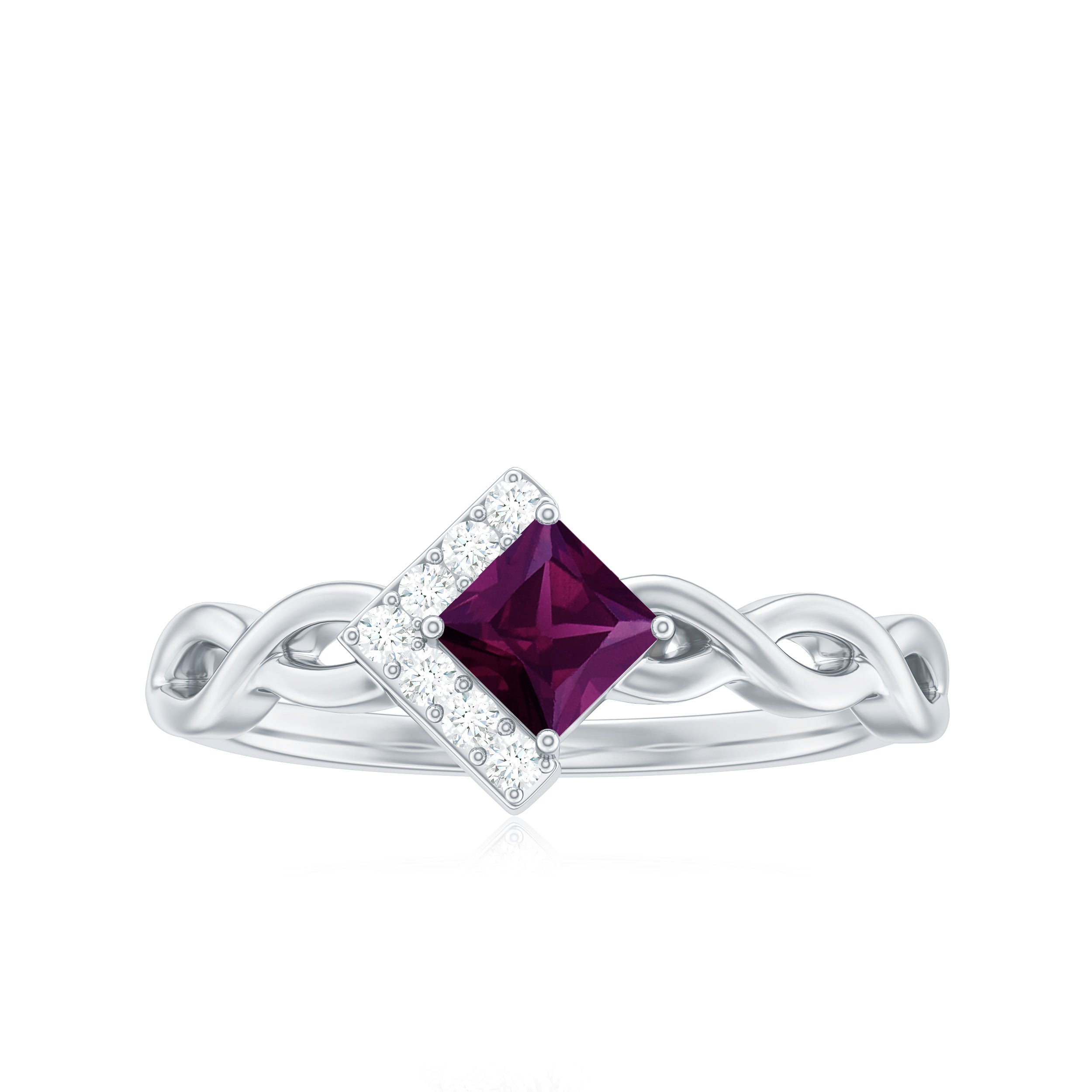 Princess Cut Rhodolite Promise Ring with Diamond Half Halo Rhodolite - ( AAA ) - Quality - Rosec Jewels