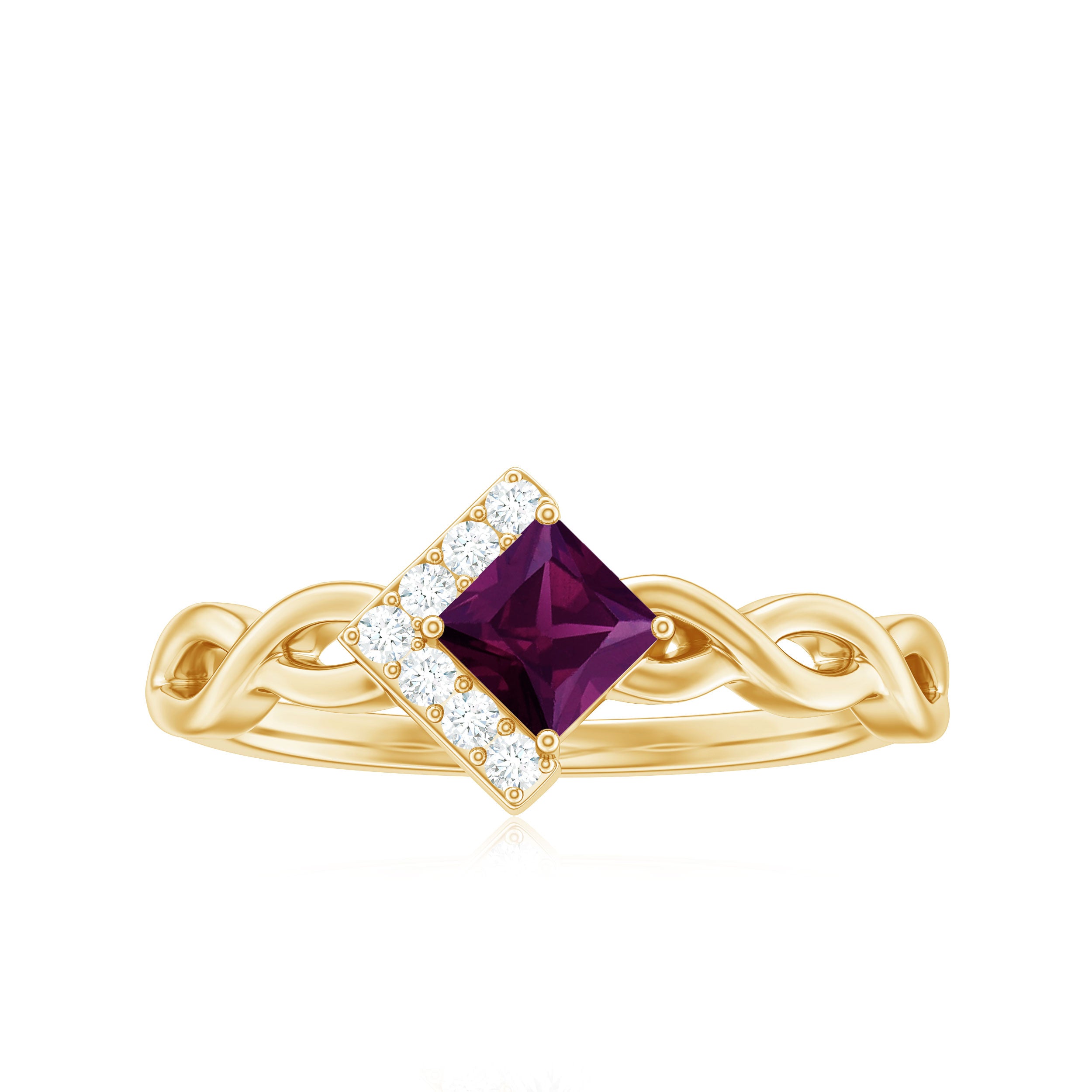 Princess Cut Rhodolite Promise Ring with Diamond Half Halo Rhodolite - ( AAA ) - Quality - Rosec Jewels