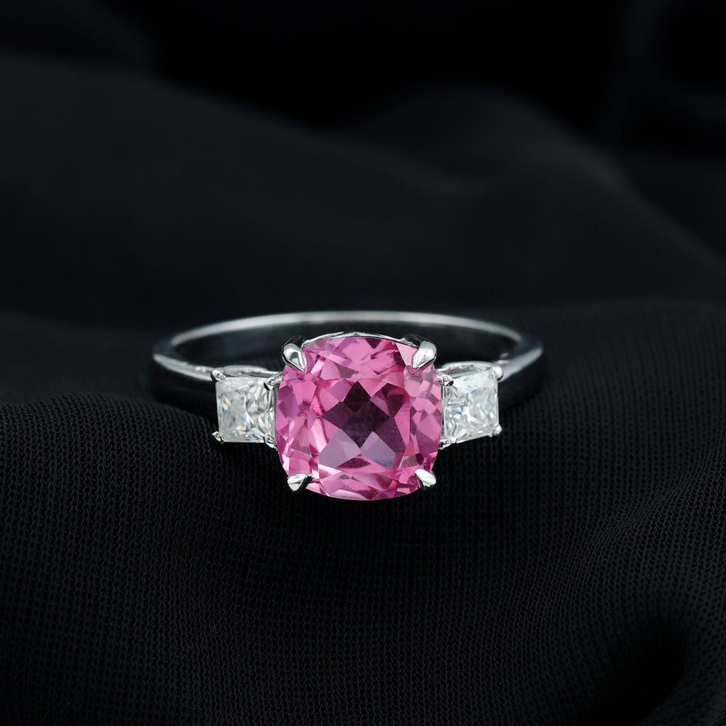 Cushion Cut Created Pink Sapphire Solitaire Engagement Ring with Moissanite