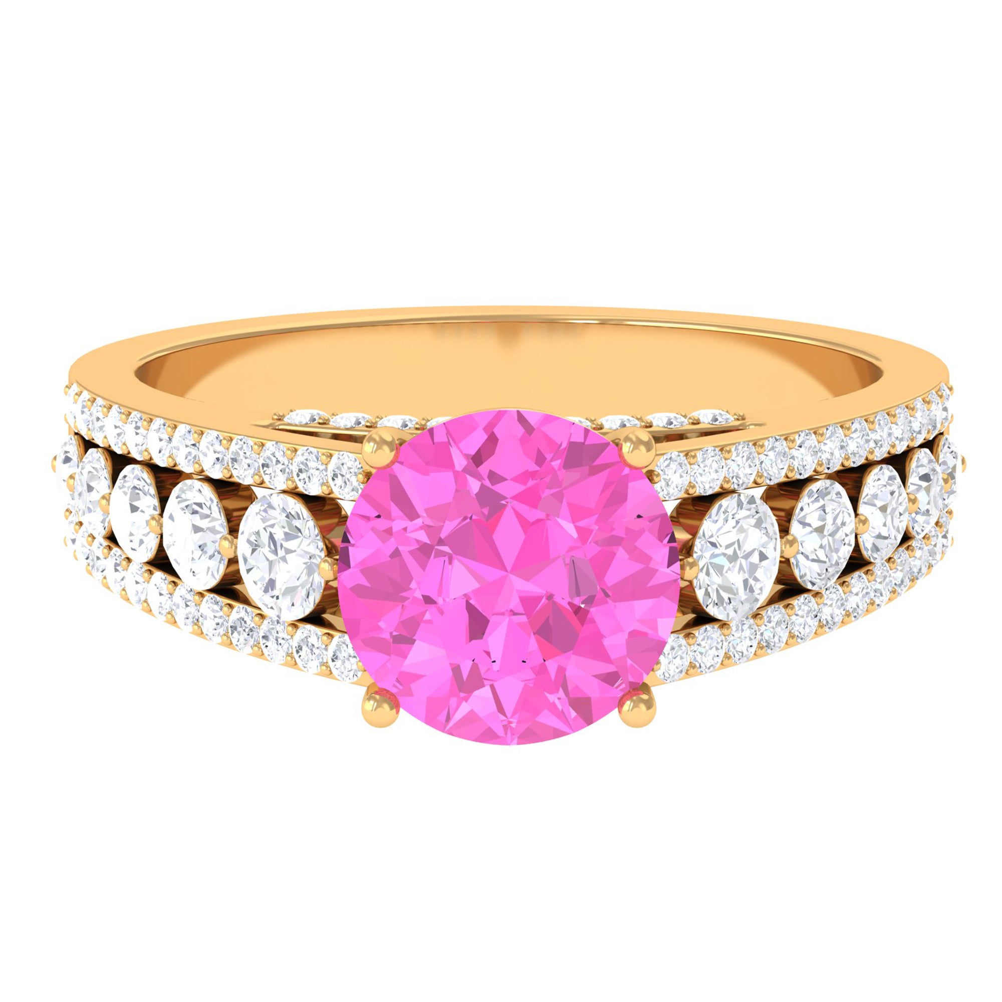 Created Pink Sapphire Engagement Ring with Moissanite Side Stones Lab Created Pink Sapphire - ( AAAA ) - Quality - Rosec Jewels