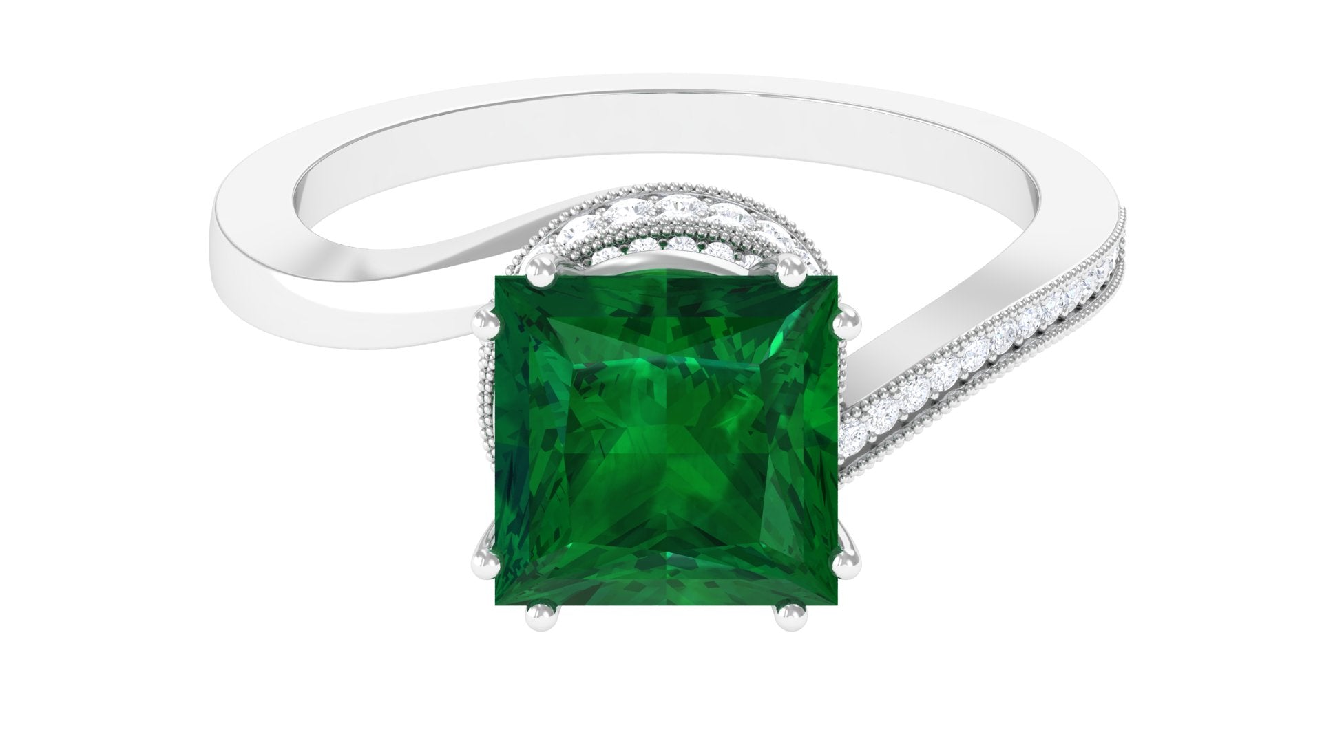 Princess Cut Created Emerald Solitaire Bypass Engagement Ring Lab Created Emerald - ( AAAA ) - Quality - Rosec Jewels