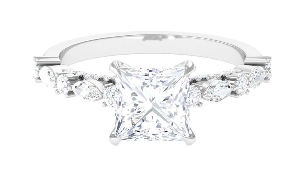 Certified Moissanite Solitaire Engagement Ring with Side Stones Moissanite - ( D-VS1 ) - Color and Clarity - Rosec Jewels
