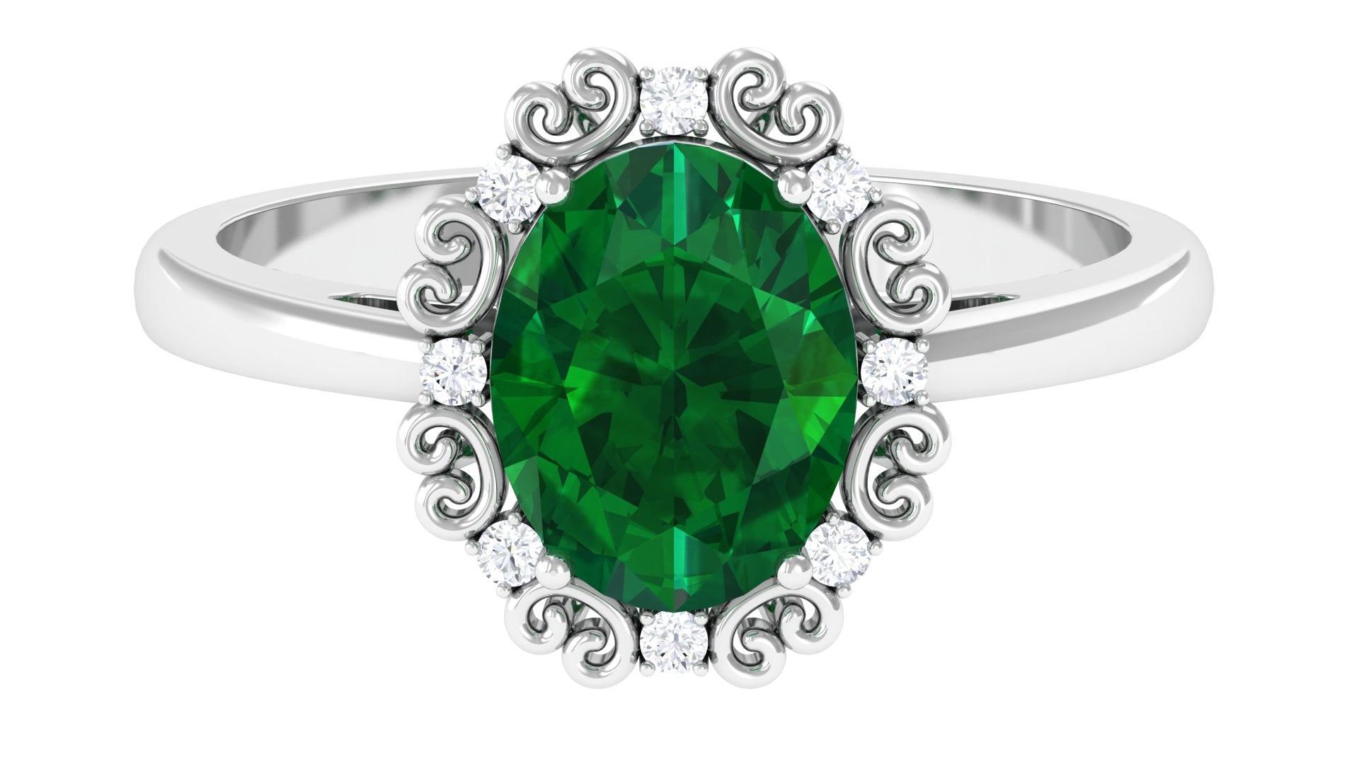 Lab Grown Emerald Vintage Style Engagement Ring with Diamond Lab Created Emerald - ( AAAA ) - Quality - Rosec Jewels