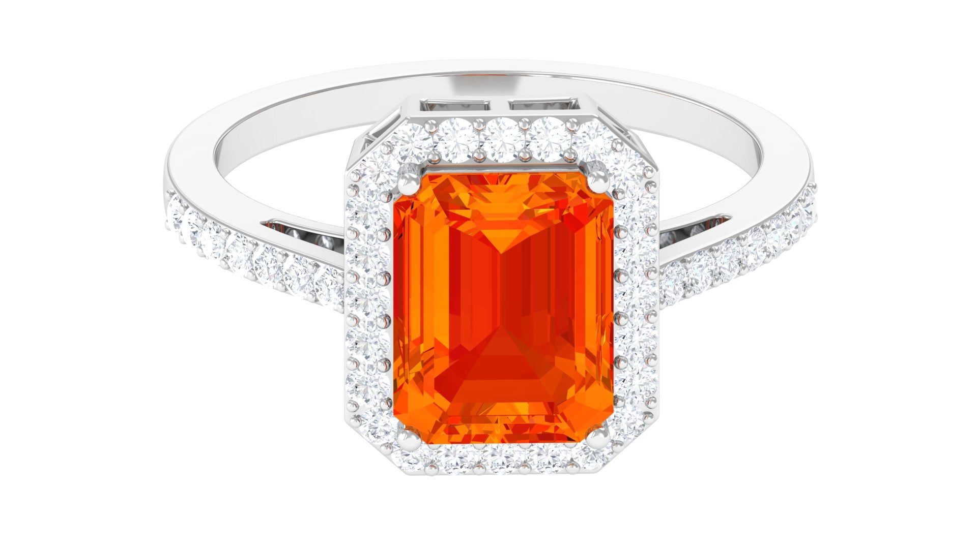 Lab Grown Orange Sapphire Emerald Cut Engagement Ring with Diamond Lab Created Orange Sapphire - ( AAAA ) - Quality - Rosec Jewels