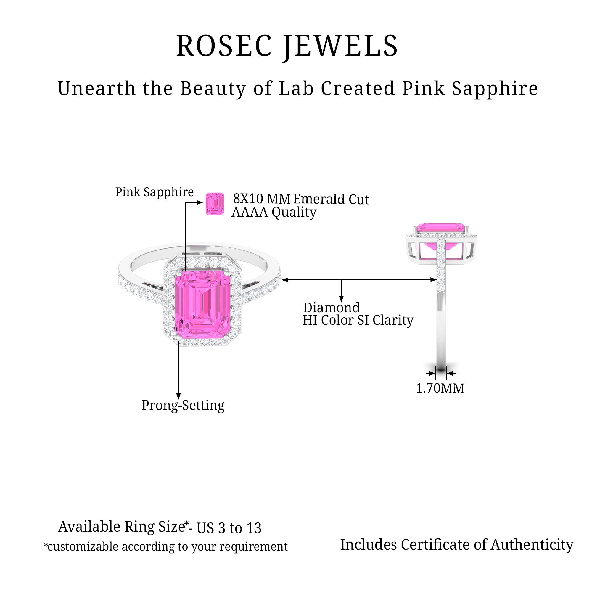 Lab Grown Pink Sapphire Emerald Cut Engagement Ring with Diamond Lab Created Pink Sapphire - ( AAAA ) - Quality - Rosec Jewels