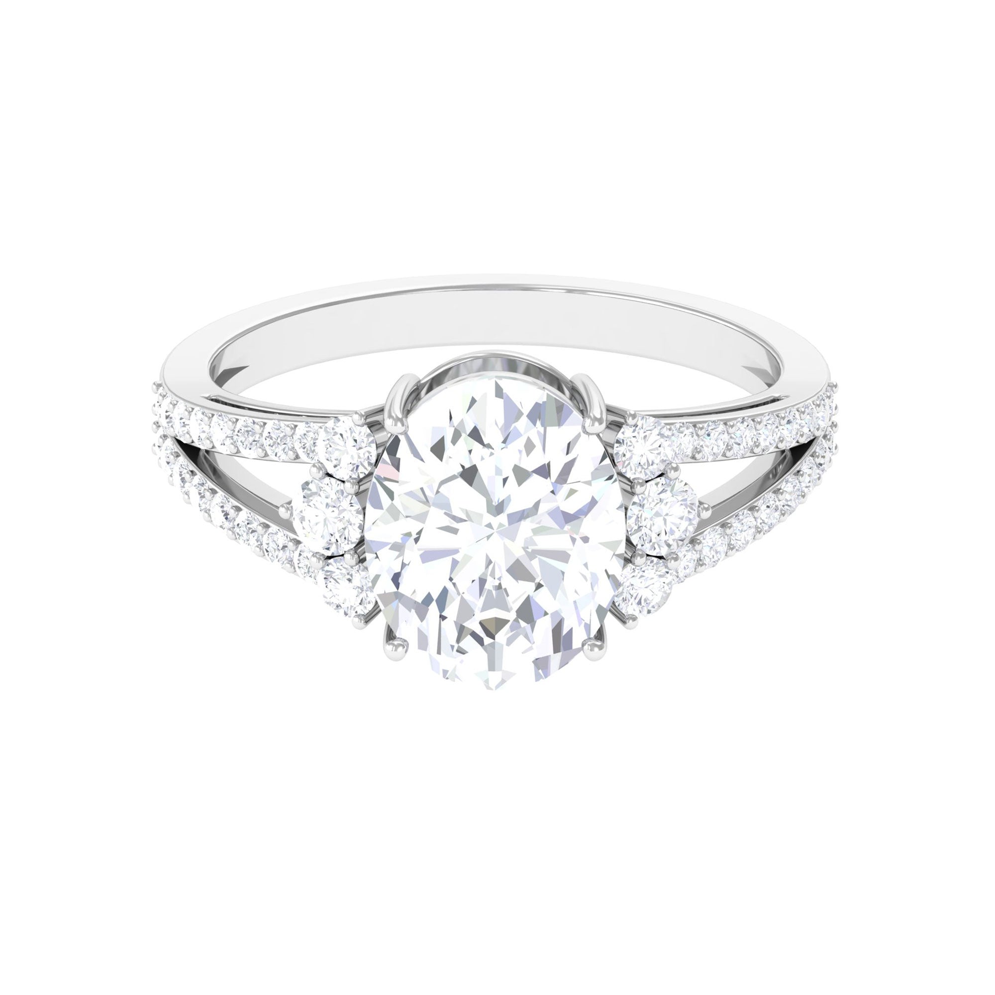 Solitaire Cubic Zirconia Oval Engagement Ring with Side Stones Zircon - ( AAAA ) - Quality - Rosec Jewels