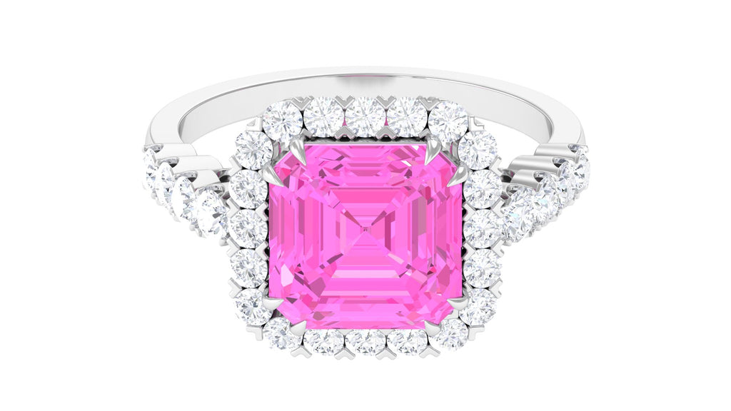Created Pink Sapphire and Moissanite Halo Engagement Ring