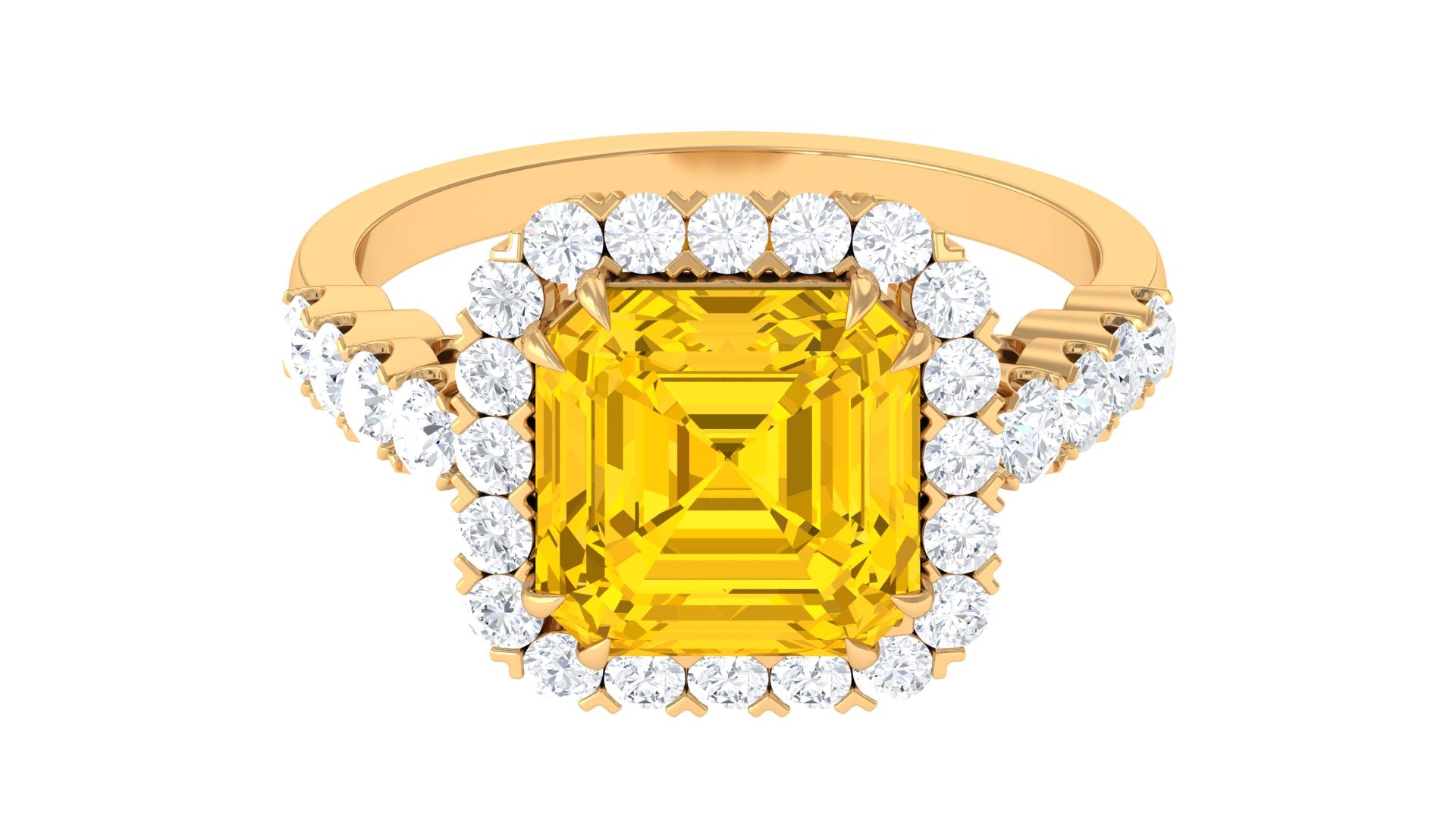 Created Yellow Sapphire and Moissanite Halo Engagement Ring Lab Created Yellow Sapphire - ( AAAA ) - Quality - Rosec Jewels