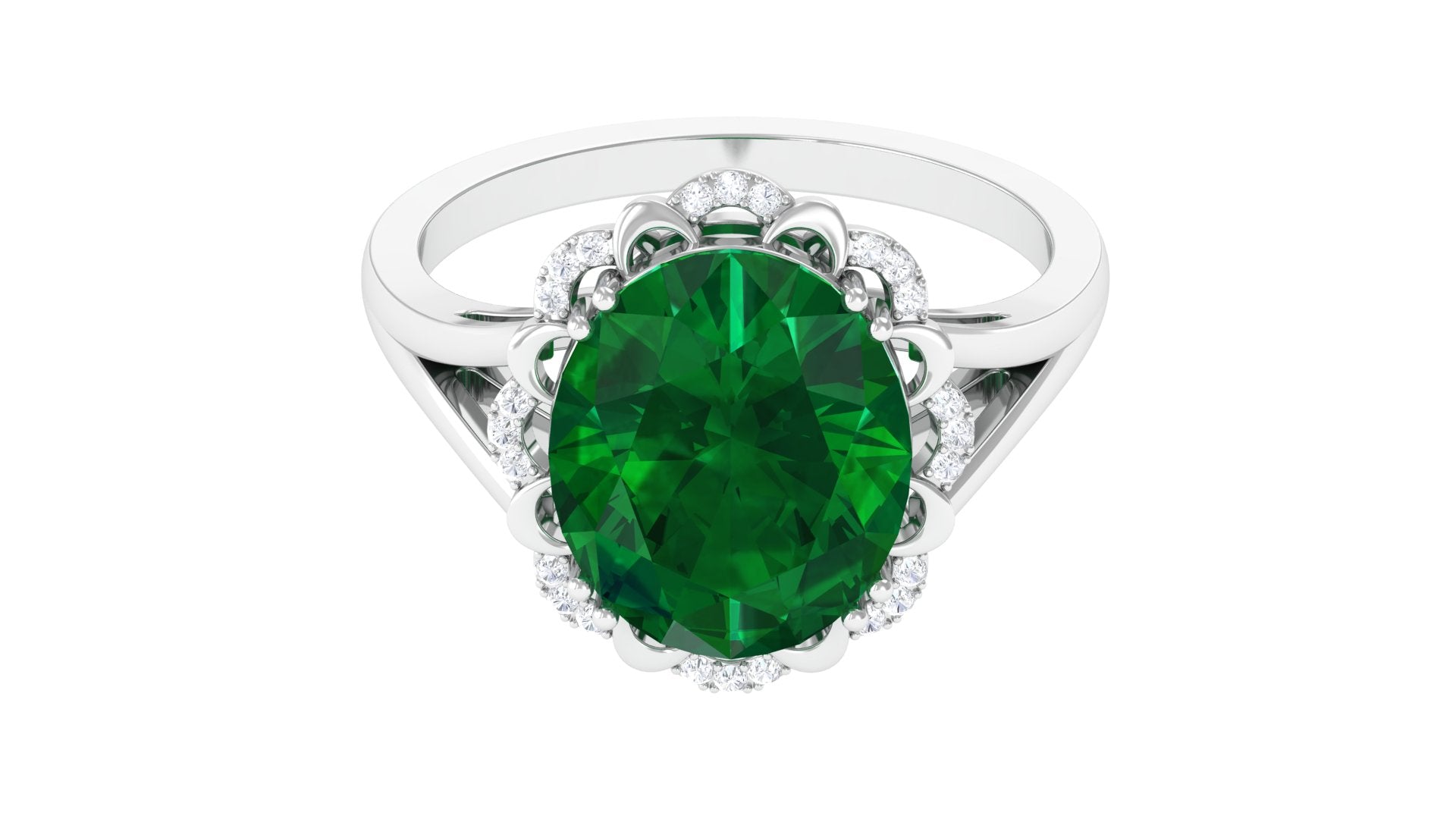 Oval Lab Created Emerald Solitaire Engagement Ring with Diamond Lab Created Emerald - ( AAAA ) - Quality - Rosec Jewels