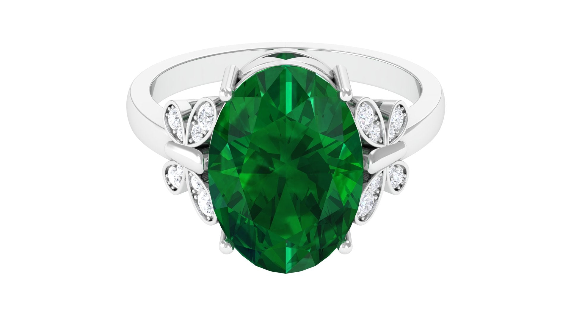 Oval Created Emerald Solitaire Engagement Ring with Diamond Lab Created Emerald - ( AAAA ) - Quality - Rosec Jewels