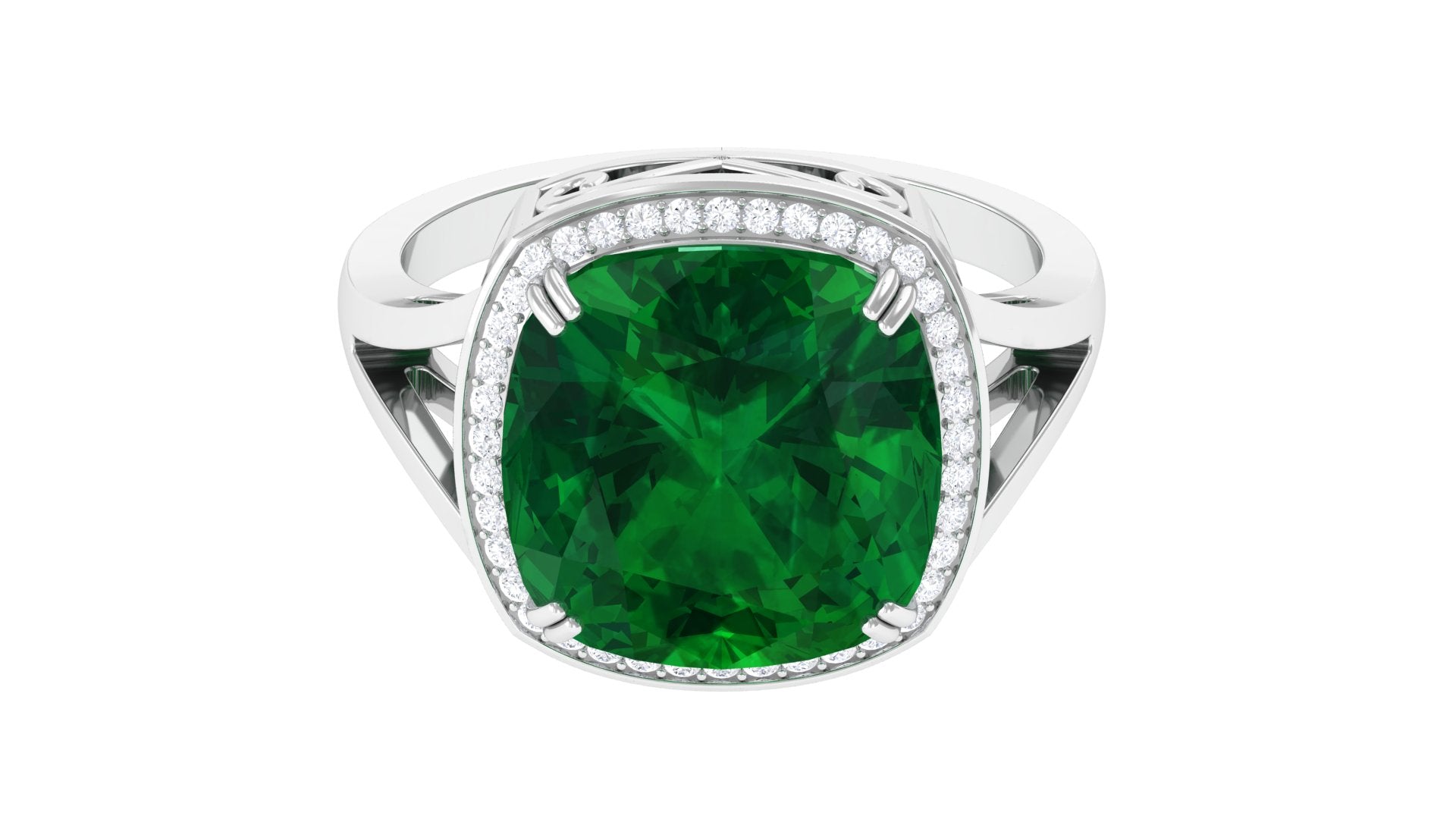 Cushion Cut Created Emerald Halo Cocktail Ring with Diamond Lab Created Emerald - ( AAAA ) - Quality - Rosec Jewels