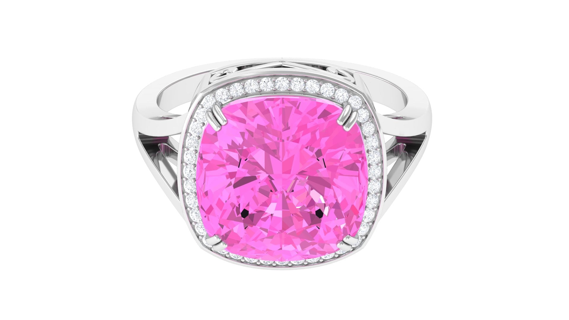 Cushion Cut Created Pink Sapphire Halo Cocktail Ring with Diamond Lab Created Pink Sapphire - ( AAAA ) - Quality - Rosec Jewels