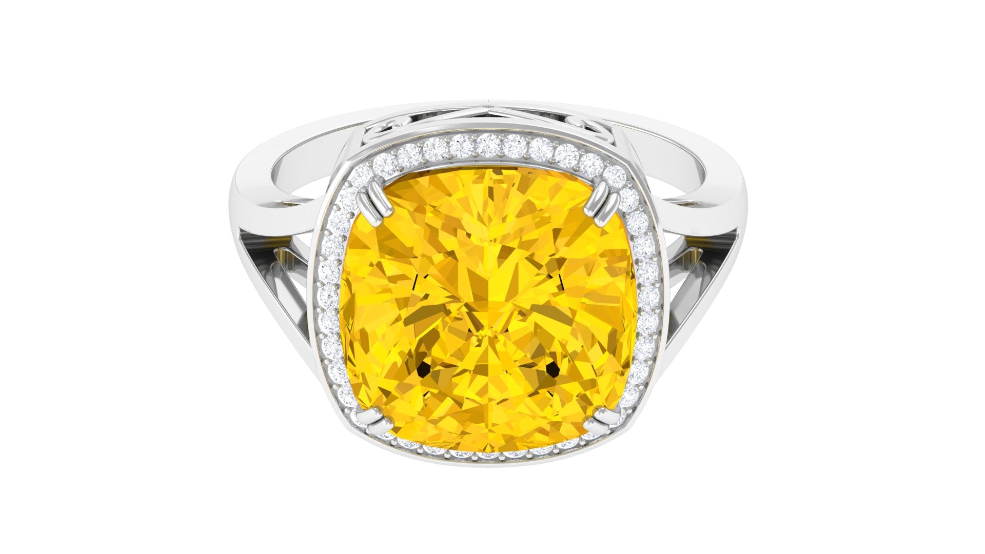 Cushion Cut Lab Grown Yellow Sapphire Engagement Ring with Diamond Lab Created Yellow Sapphire - ( AAAA ) - Quality - Rosec Jewels