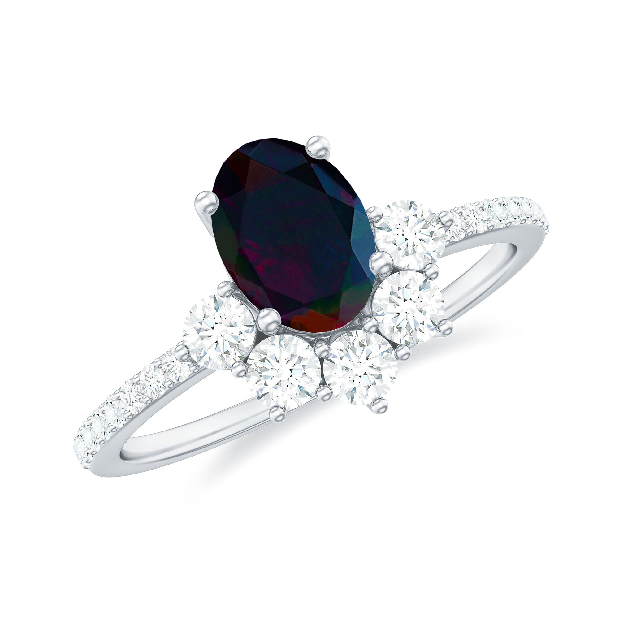 Oval Black Opal and Diamond Half Halo Engagement Ring Black Opal - ( AAA ) - Quality - Rosec Jewels