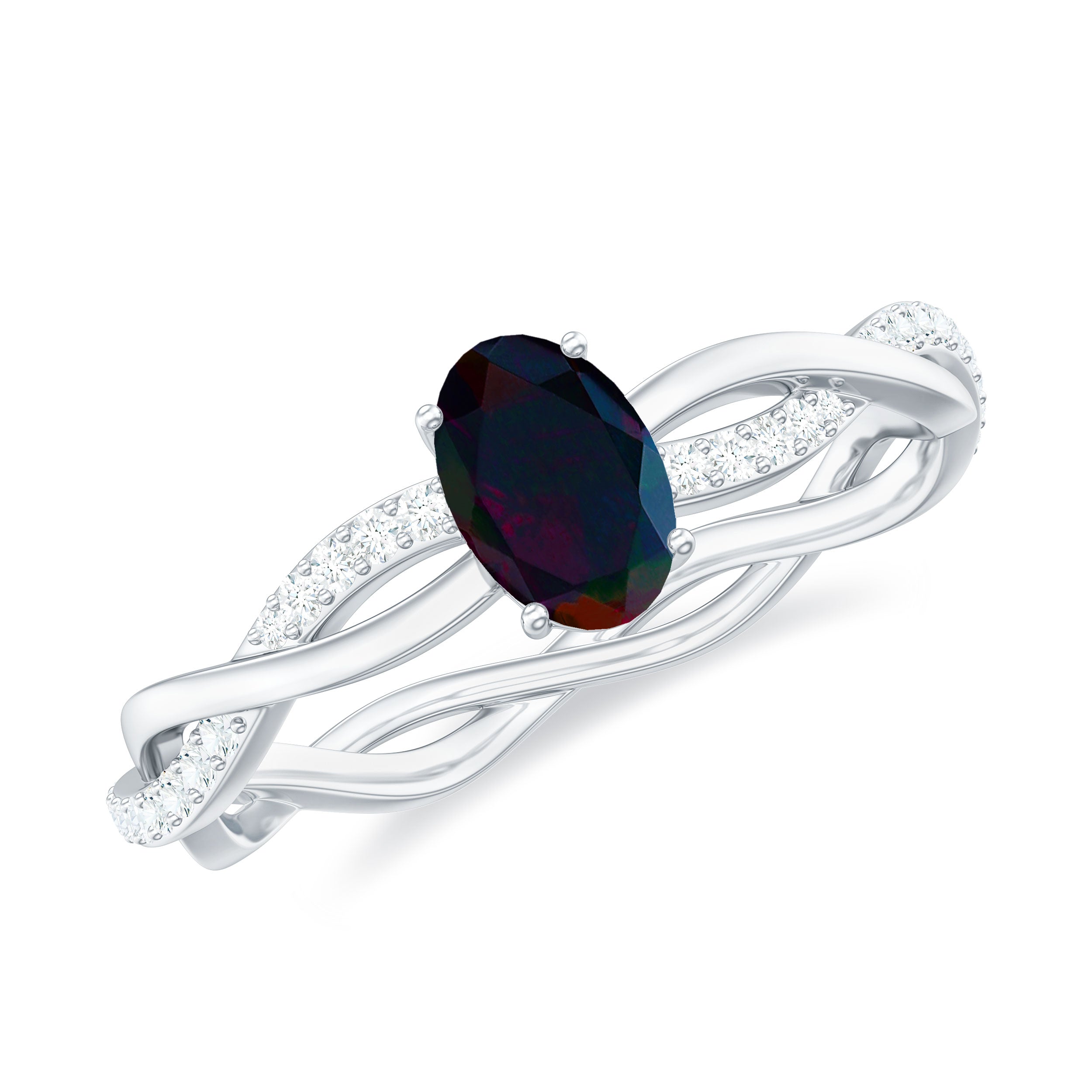 Oval Black Opal and Diamond Braided Engagement Ring Black Opal - ( AAA ) - Quality - Rosec Jewels