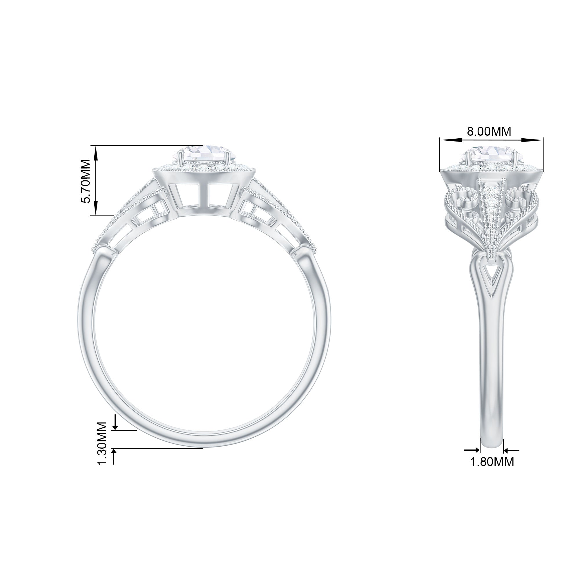 3/4 CT Statement Zircon Engagement Ring with Beaded Details Zircon - ( AAAA ) - Quality - Rosec Jewels
