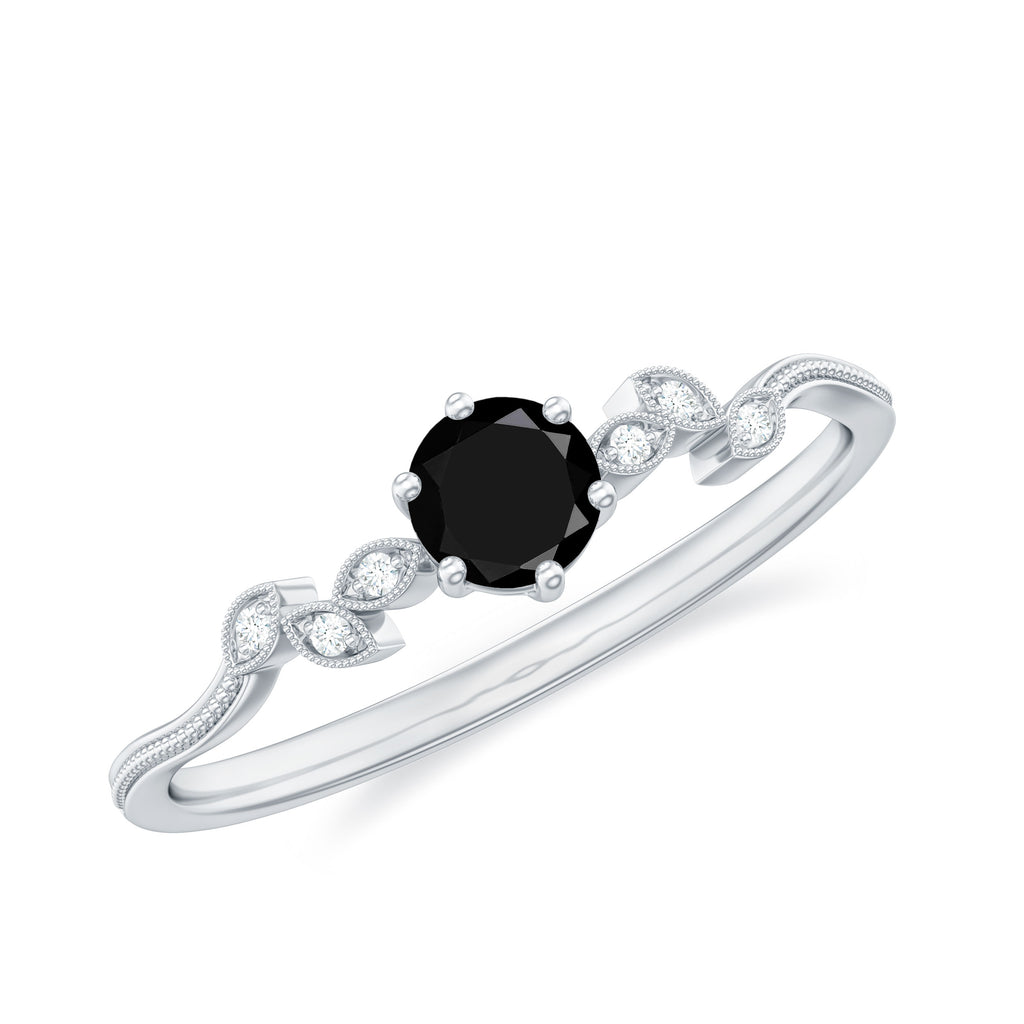 Round Black and White Diamond Minimal Leaf Ring