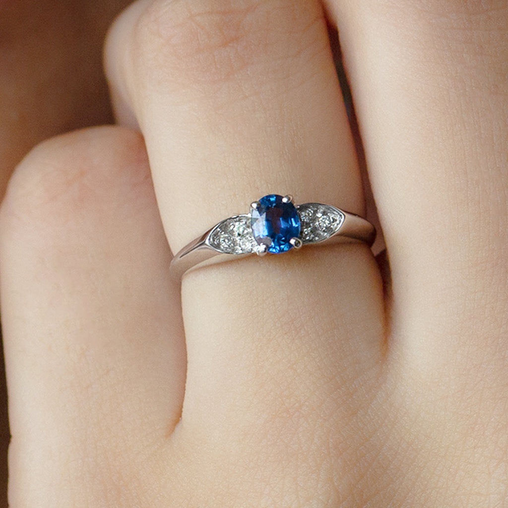1/2 CT Minimal Oval Cut Blue Sapphire Solitaire Ring with Diamond Blue Sapphire - ( AAA ) - Quality - Rosec Jewels