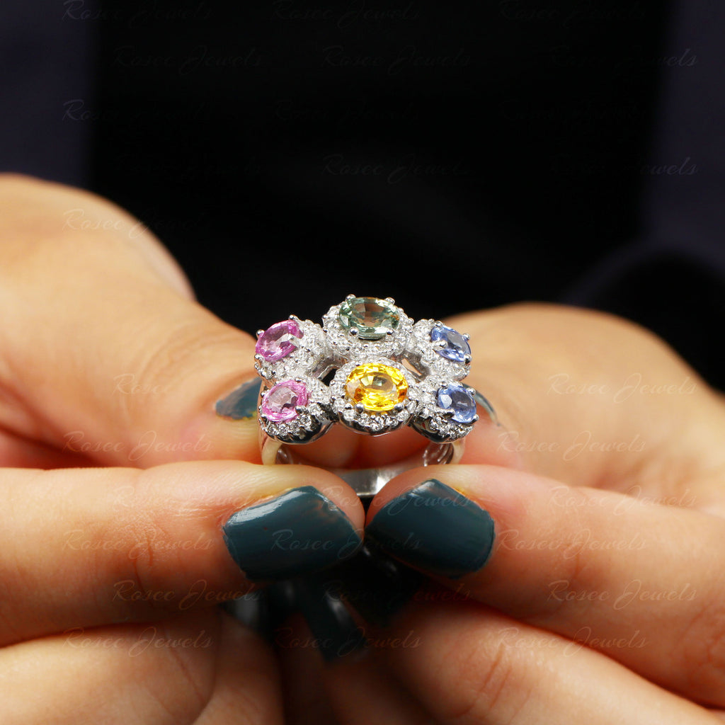 Multi Gemstone Cocktail Ring with Moissanite Lab Created Green Sapphire - ( AAAA ) - Quality - Rosec Jewels