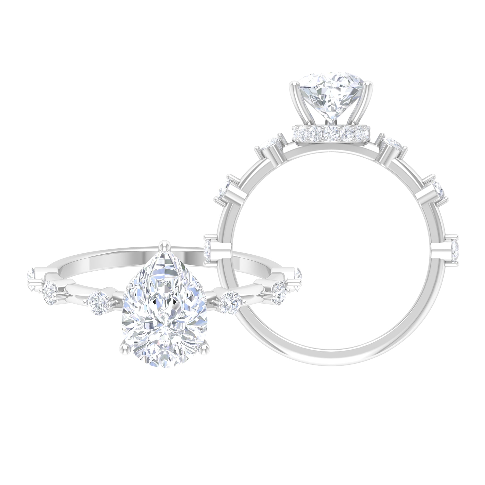 2.25 CT Pear Cut Solitaire Moissanite Ring with Hidden Halo and Spaced Accent Moissanite - ( D-VS1 ) - Color and Clarity - Rosec Jewels