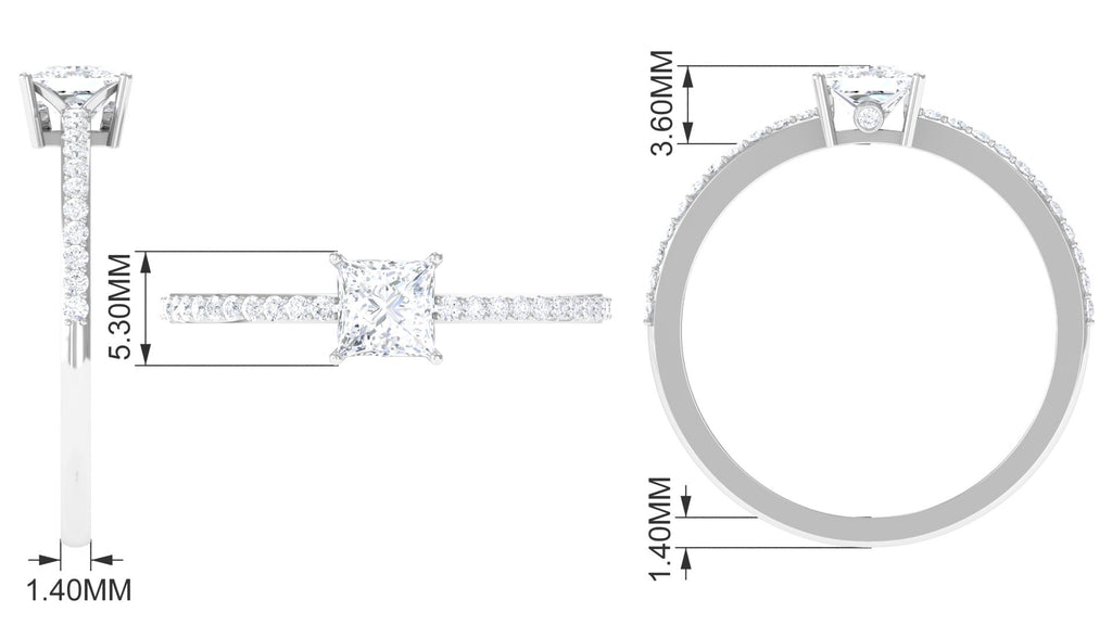 3/4 CT Princess Cut Zircon Solitaire Ring with Surprise and Side Stones Zircon - ( AAAA ) - Quality - Rosec Jewels