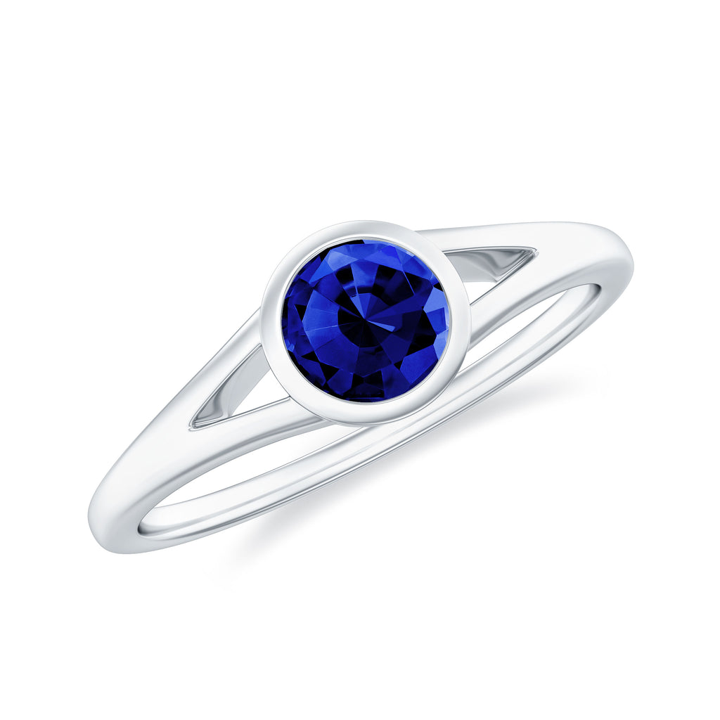 5 MM Round Lab Created Blue Sapphire Solitaire Split Shank Ring in Bezel Setting Lab Created Blue Sapphire - ( AAAA ) - Quality - Rosec Jewels