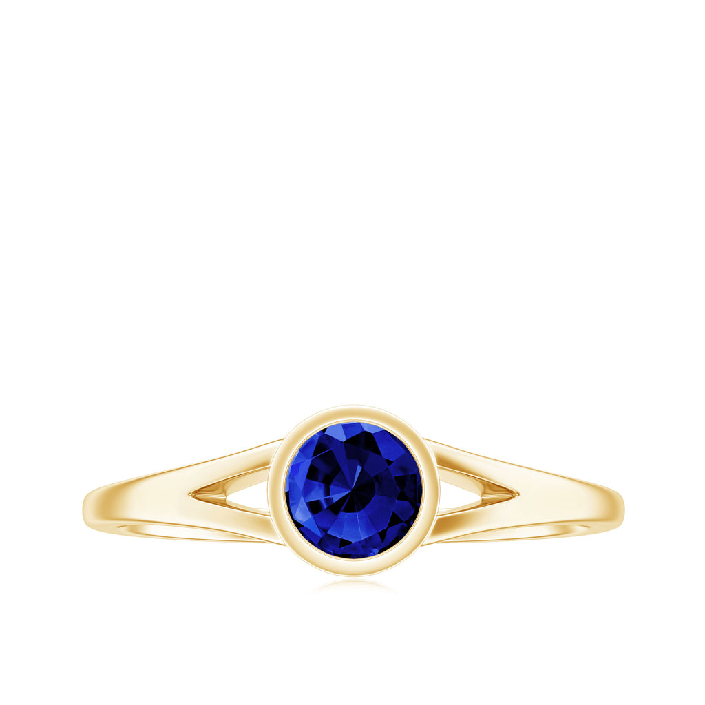 5 MM Round Lab Created Blue Sapphire Solitaire Split Shank Ring in Bezel Setting Lab Created Blue Sapphire - ( AAAA ) - Quality - Rosec Jewels