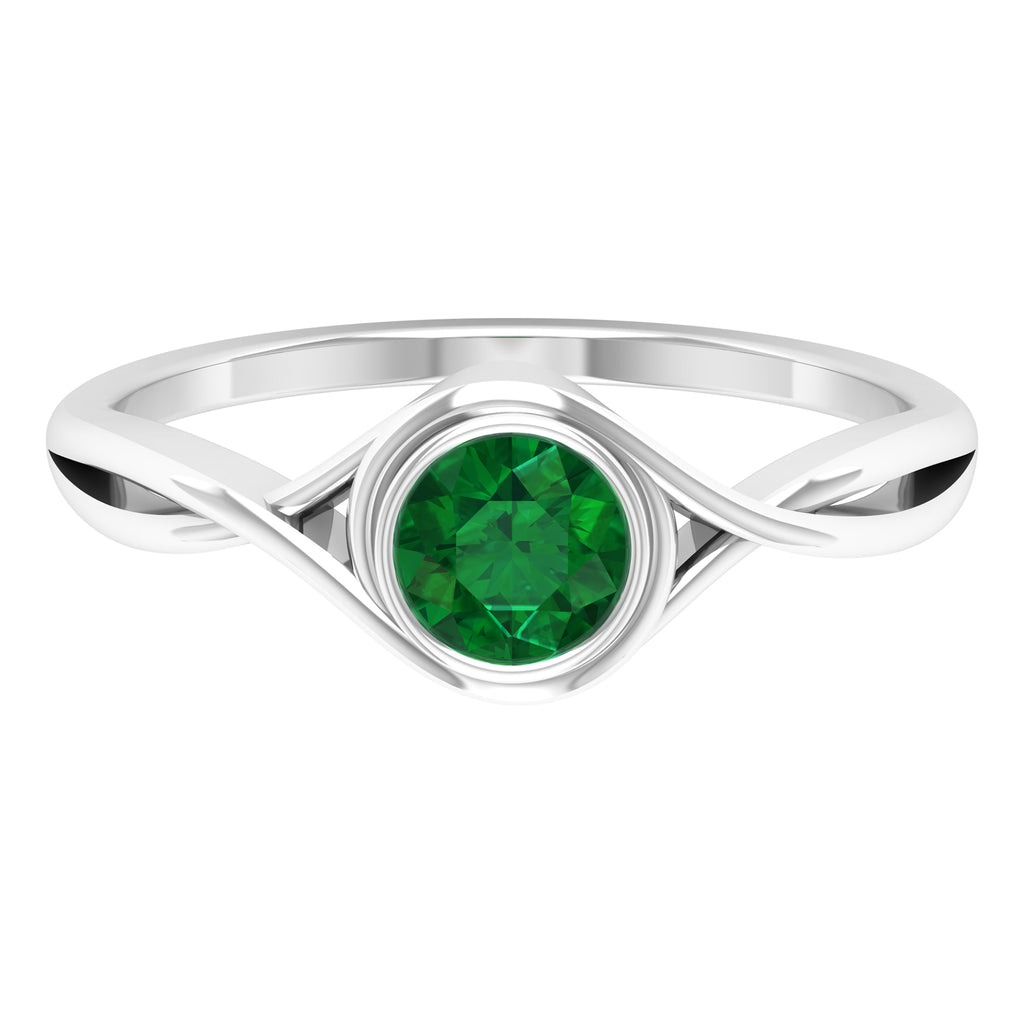 5 MM Round Cut Solitaire Emerald Ring in Bezel Setting with Crossover Shank