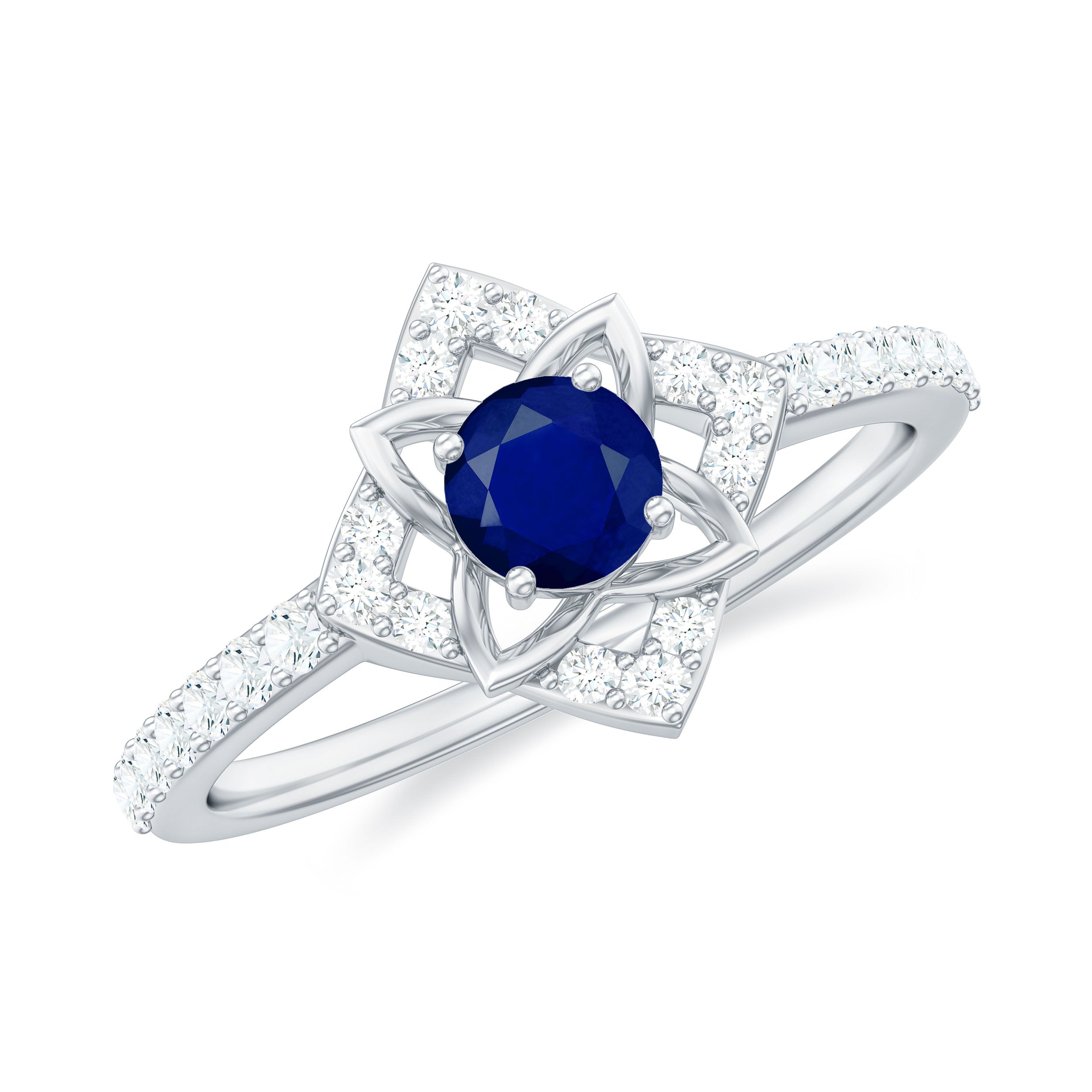 3/4 CT Minimal Blue Sapphire and Diamond Flower Ring Blue Sapphire - ( AAA ) - Quality - Rosec Jewels