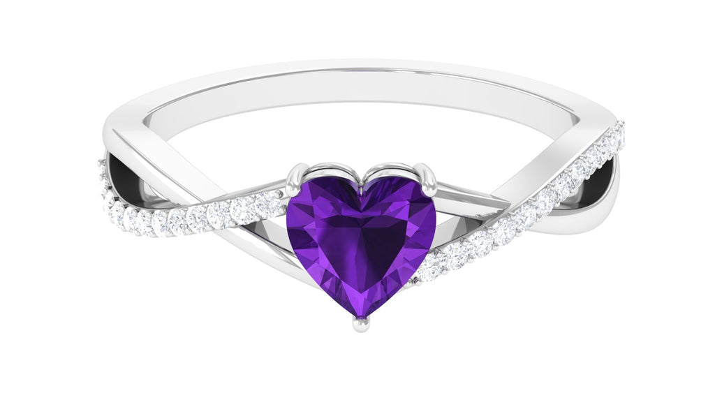 Heart Shape Amethyst Solitaire Crossover Ring with Diamond