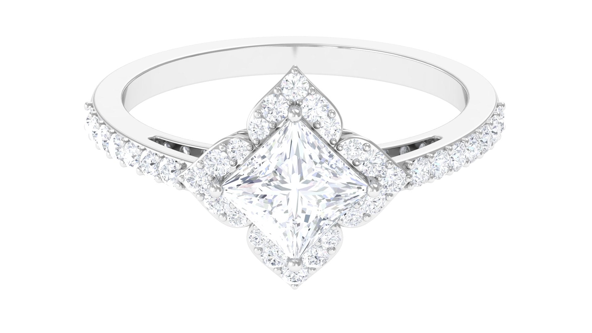 1.75 CT Princess Cut Zircon Engagement Ring Floral Halo Zircon - ( AAAA ) - Quality - Rosec Jewels