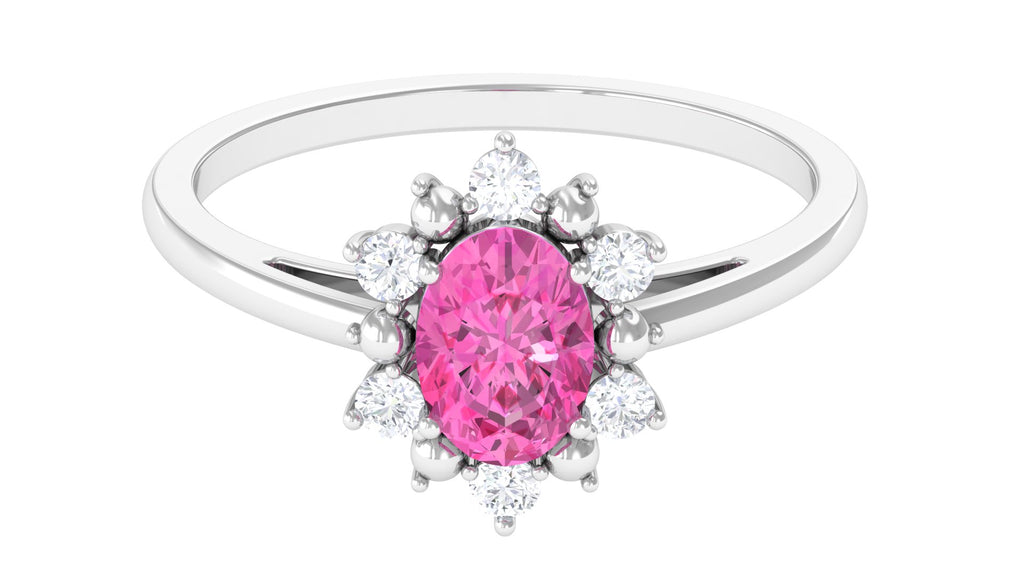 Oval Pink Sapphire Floral Halo Engagement Ring with Moissanite Pink Sapphire - ( AAA ) - Quality - Rosec Jewels
