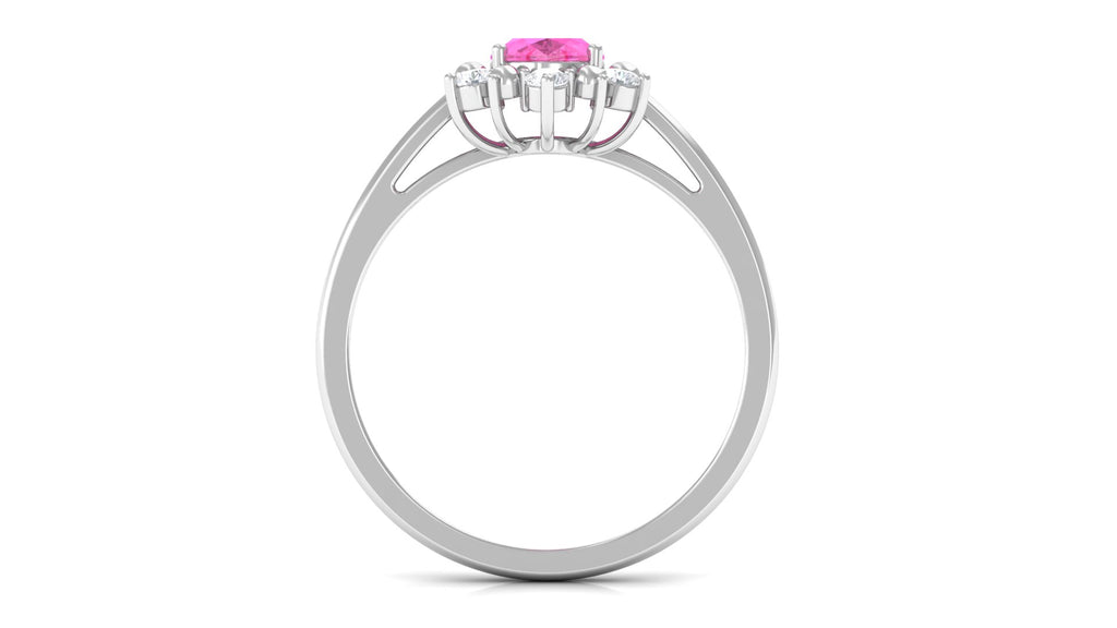 Oval Pink Sapphire Floral Halo Engagement Ring with Moissanite Pink Sapphire - ( AAA ) - Quality - Rosec Jewels